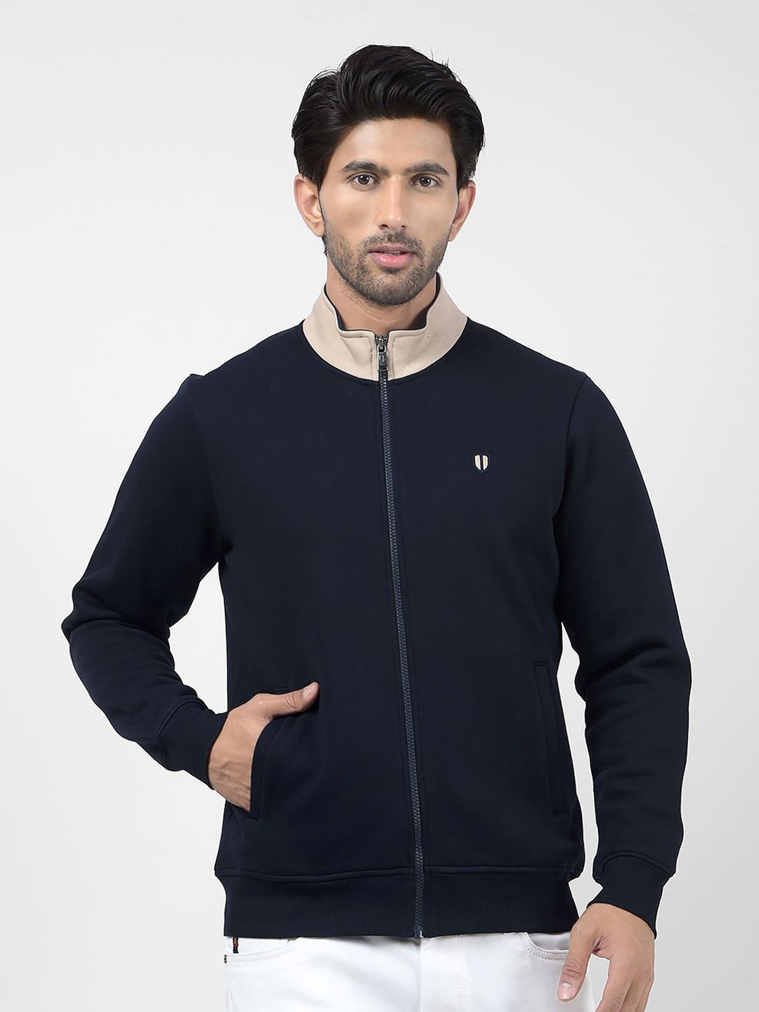 

Numero Uno Men Colourblocked Front-Open High Neck Sweatshirt, Navy blue