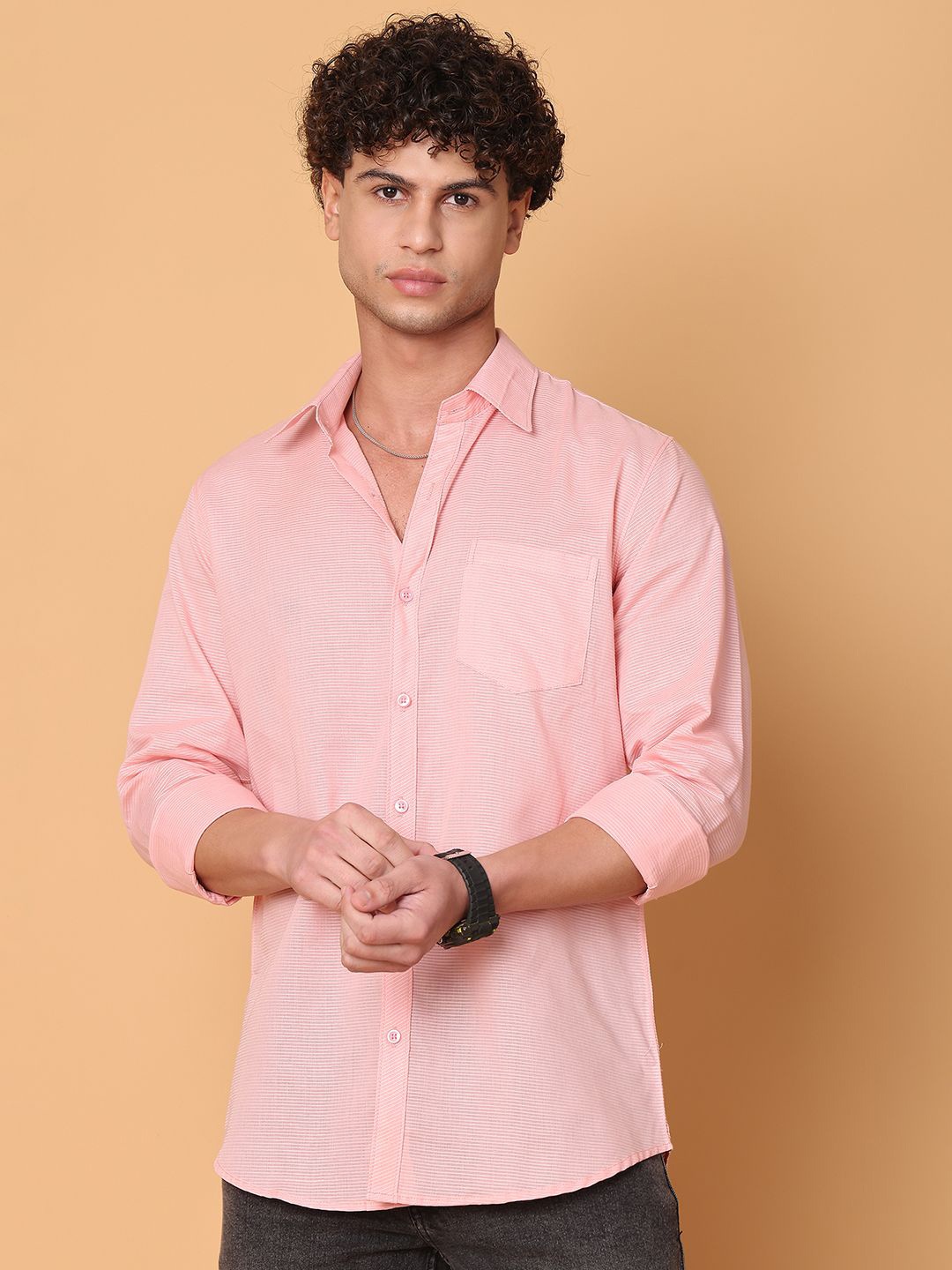 

Tanip Men Spread Collar Horizontal Striped Cotton Casual Shirt, Pink