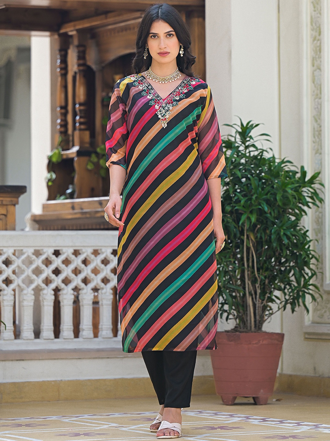 

Anouk Black Leheriya Printed Mirror Work Embellished V-Neck Kurta With Trousers & Dupatta