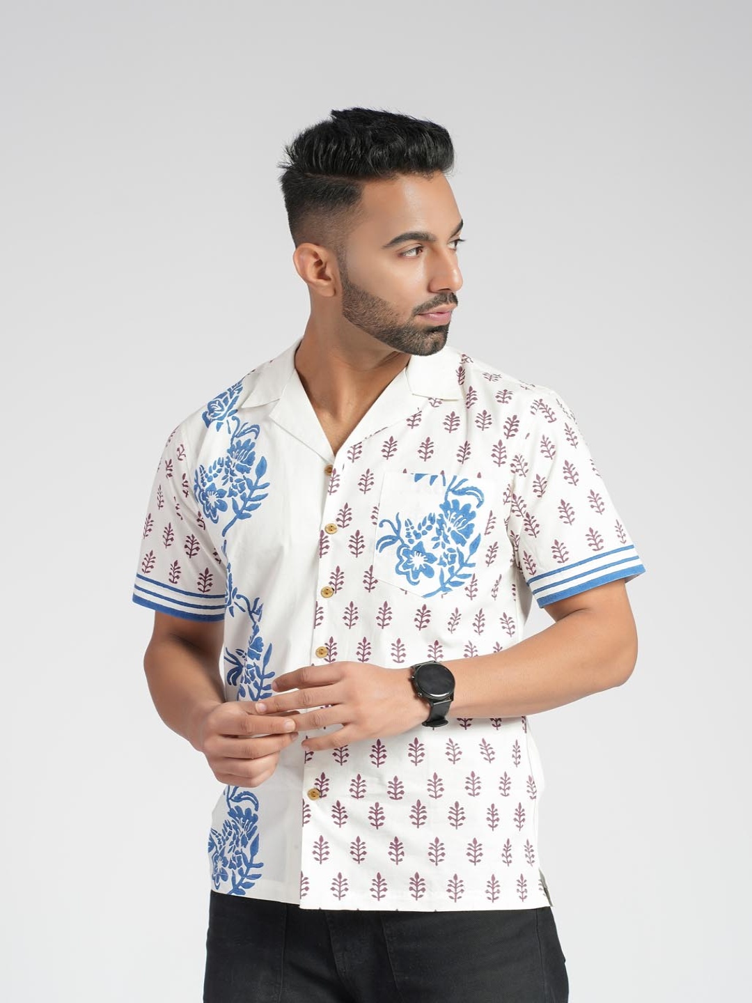 

Cotton Curio Men Comfort Fit Cuban Collar Floral Printed Cotton Casual Shirt, White