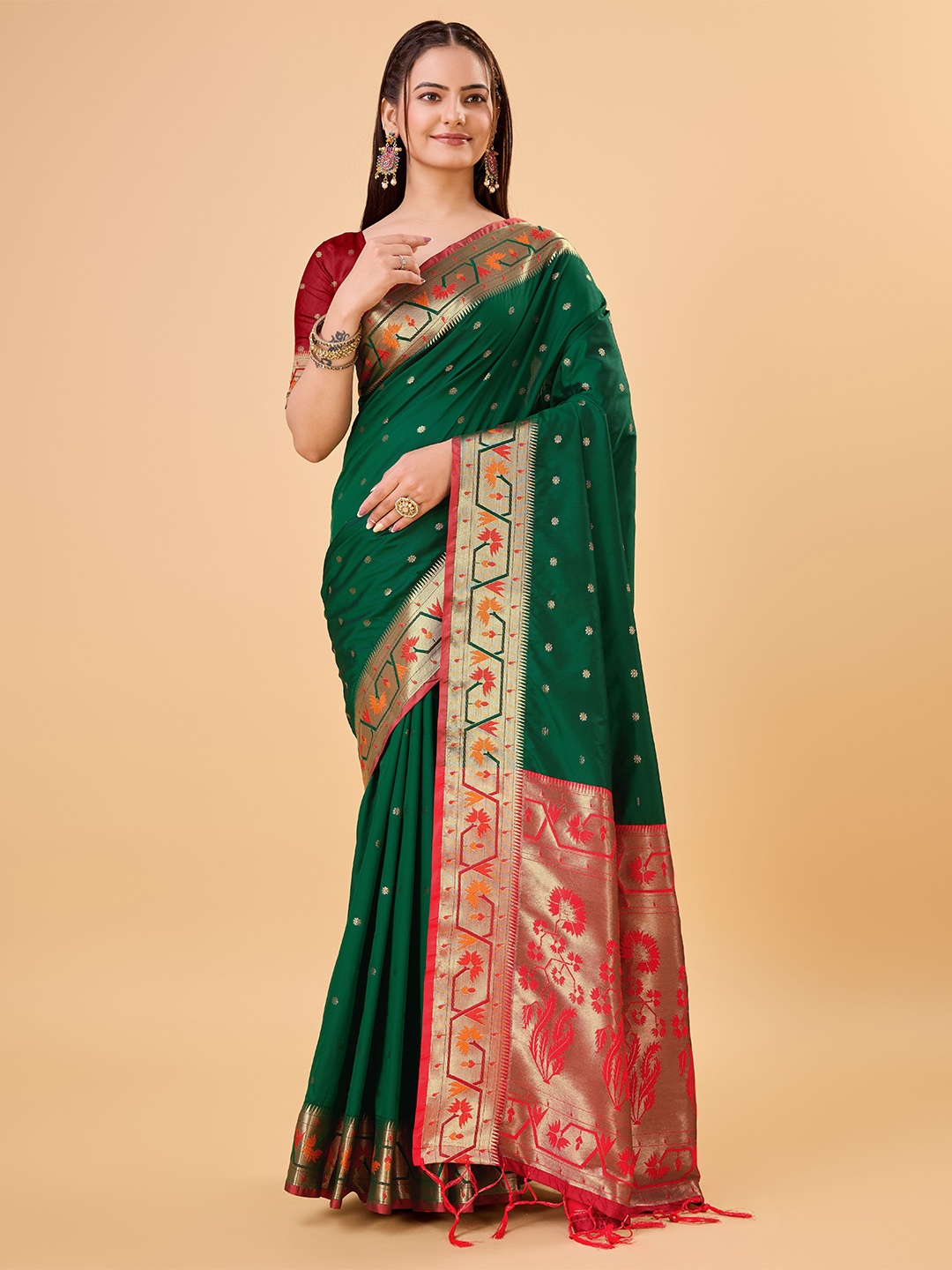 

bansari textiles Woven Design Zari Silk Cotton Banarasi Saree, Green