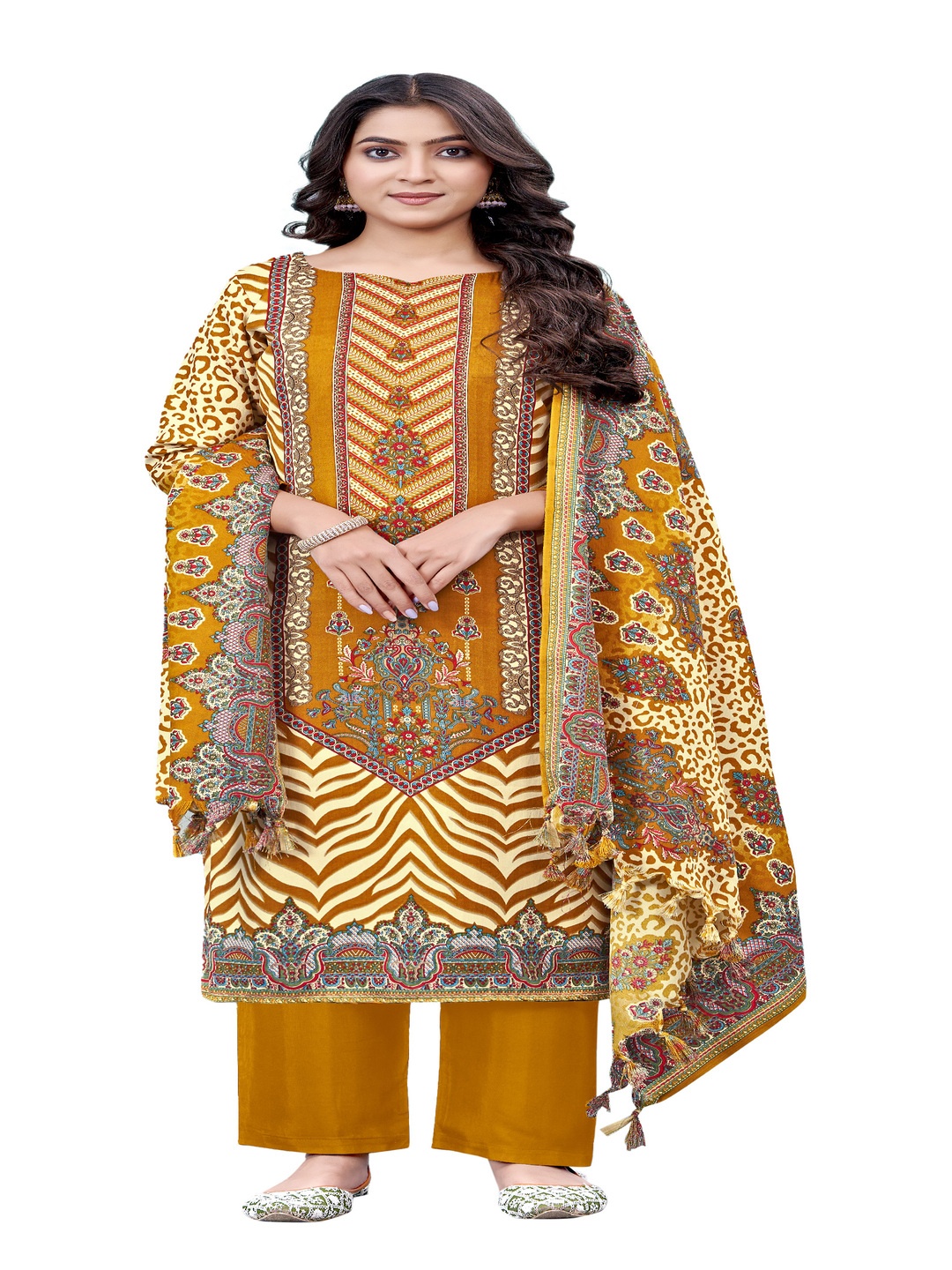 

DRAVINAM Trends Floral Printed Unstitched Dress Material, Mustard