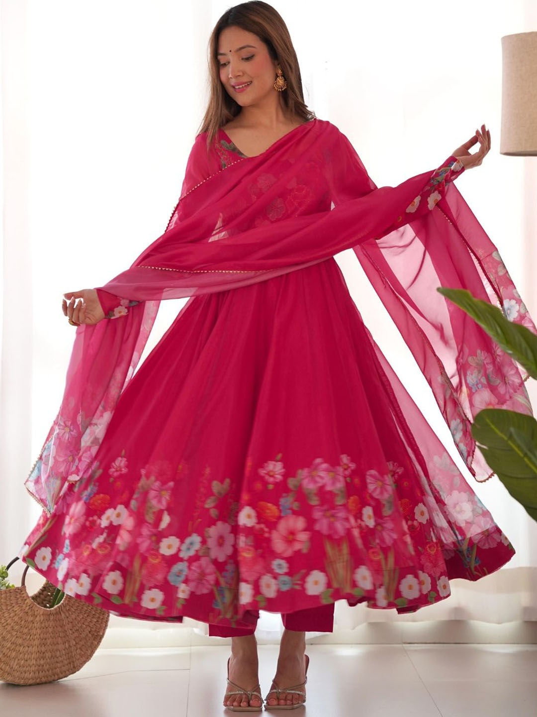 

Fusionic Floral Printed Anarkali Kurta With Trousers And Dupatta, Pink