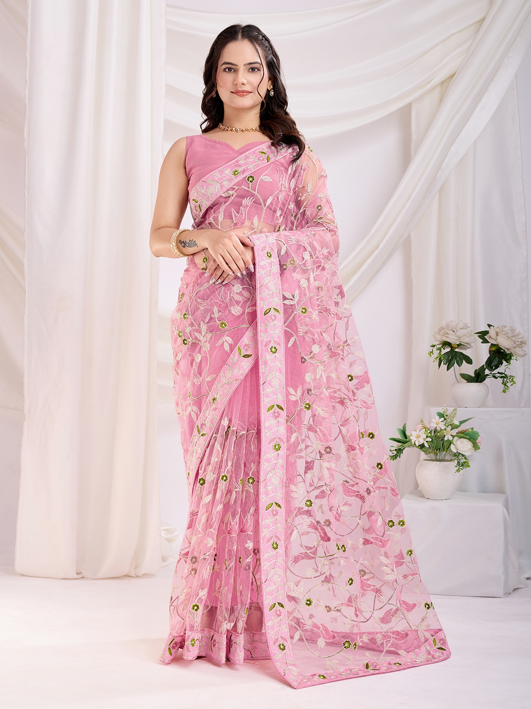 

HERE&NOW Floral Embroidered Net Saree, Mauve