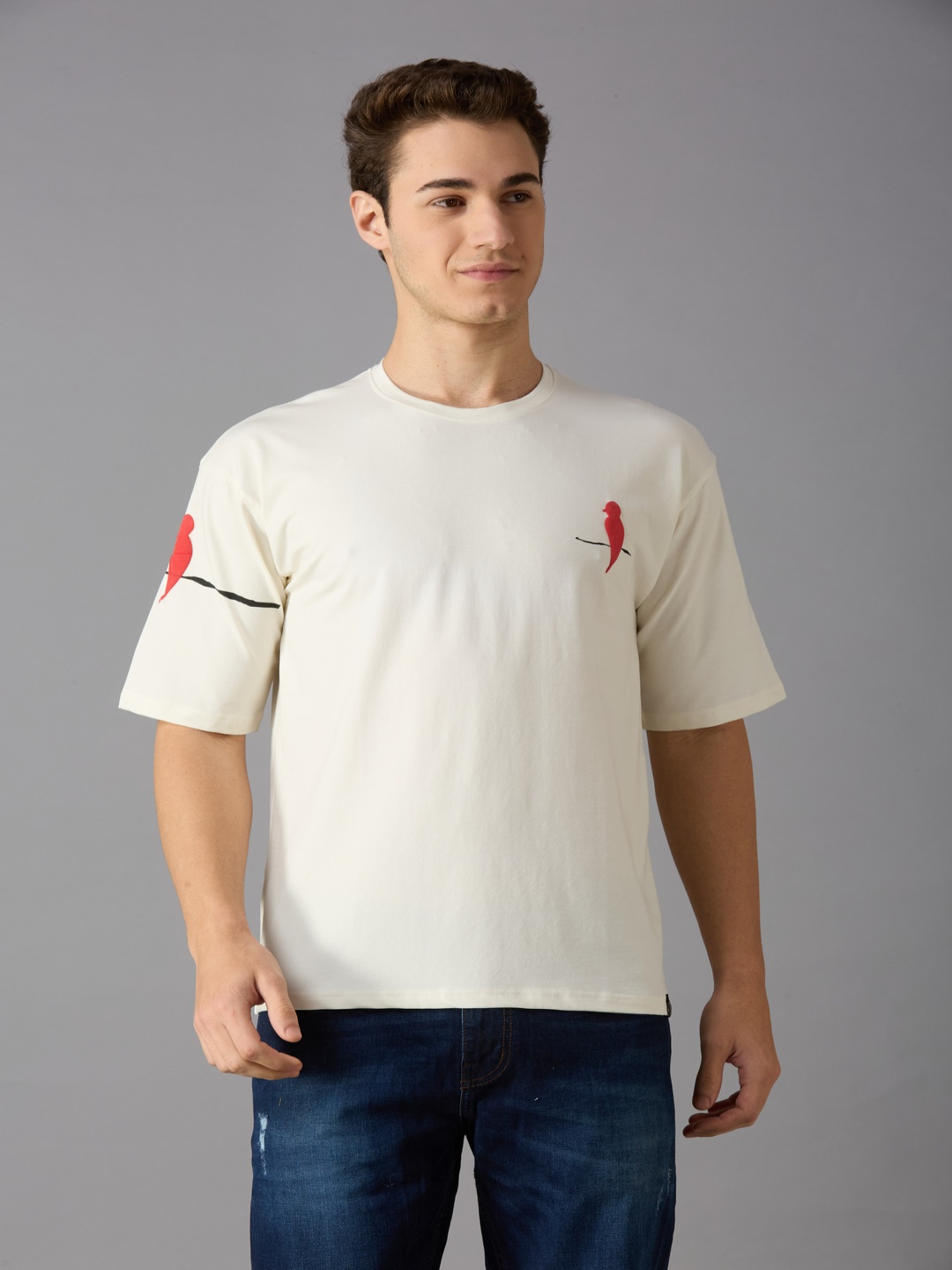 

Autumn Hues Men Graphic Printed Round Neck Cotton T-shirt, Cream