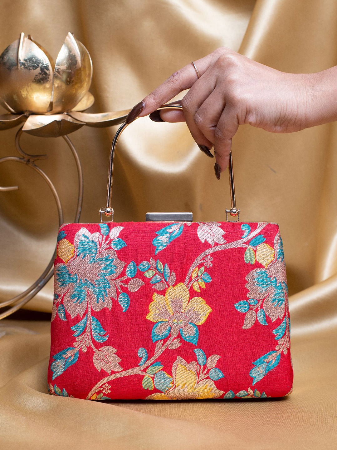 

ARTKLIM Floral Printed Brocade Box Clutch, Red