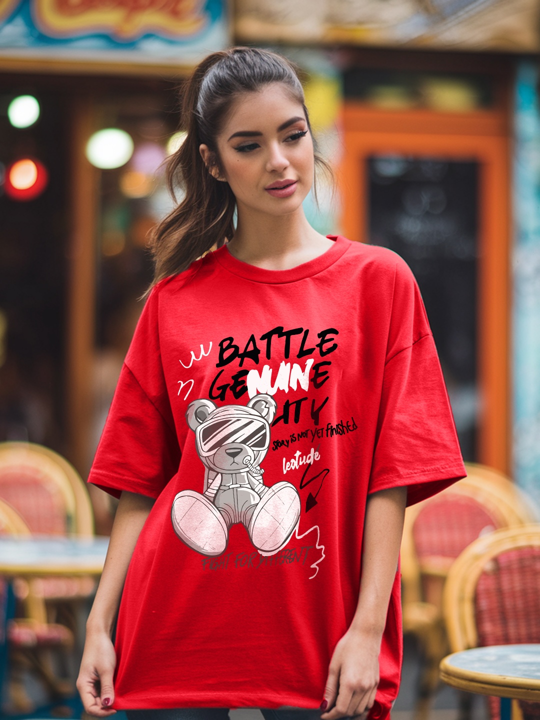 

Leotude Women Graphic Printed Round Neck Cotton Oversized T-shirt, Red