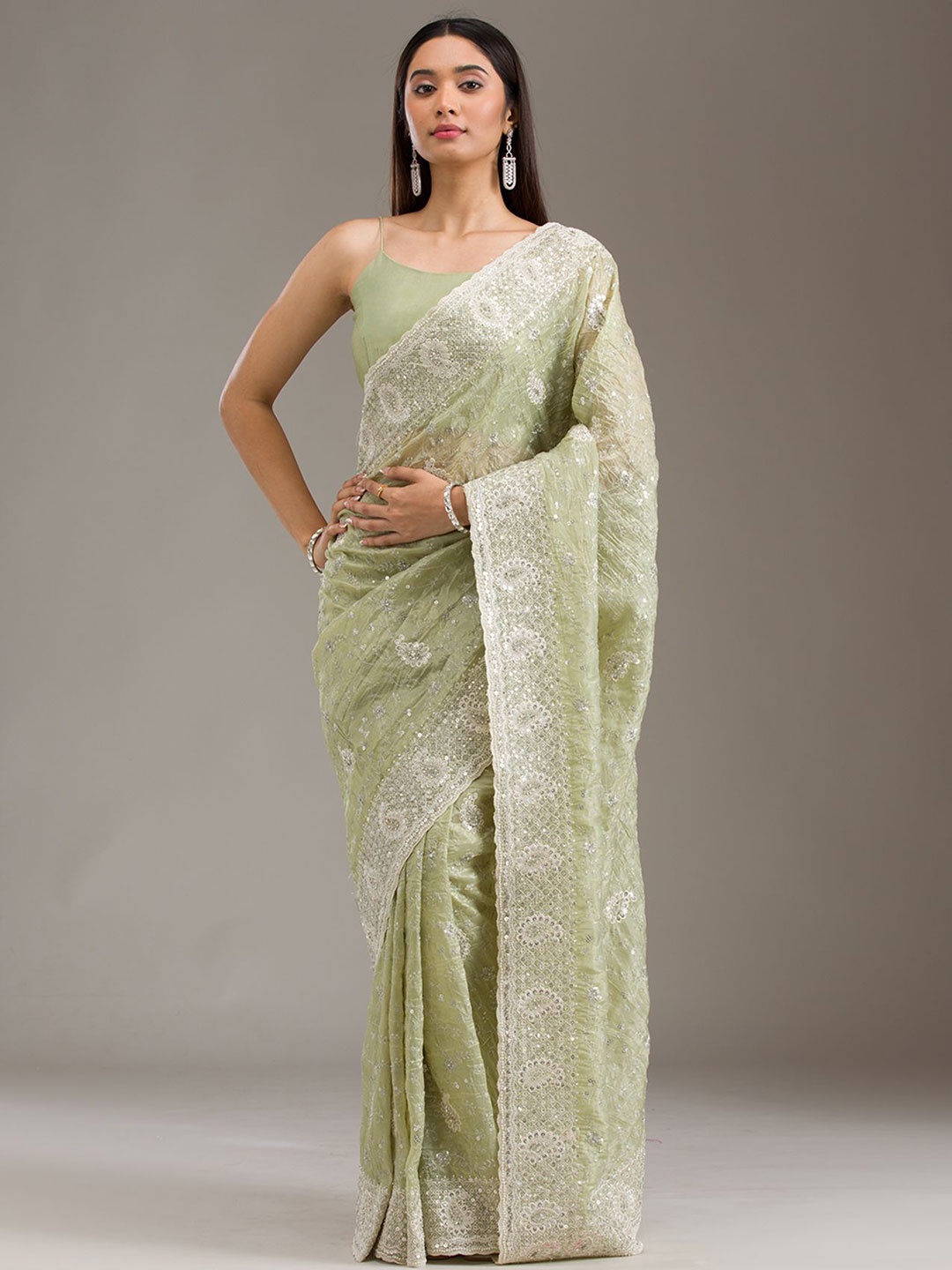 

Koskii Paisley Sequinned Mehendi Embellished Tissue Saree, Green