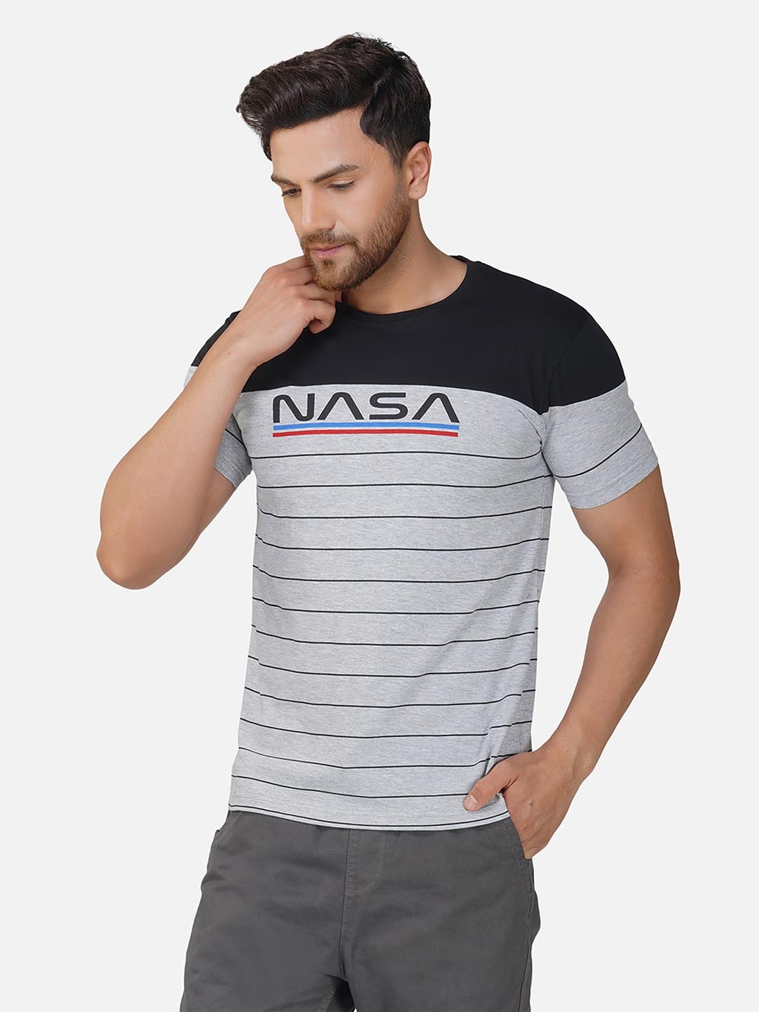 

ALARM Men Striped Round Neck Cotton T-shirt, Grey