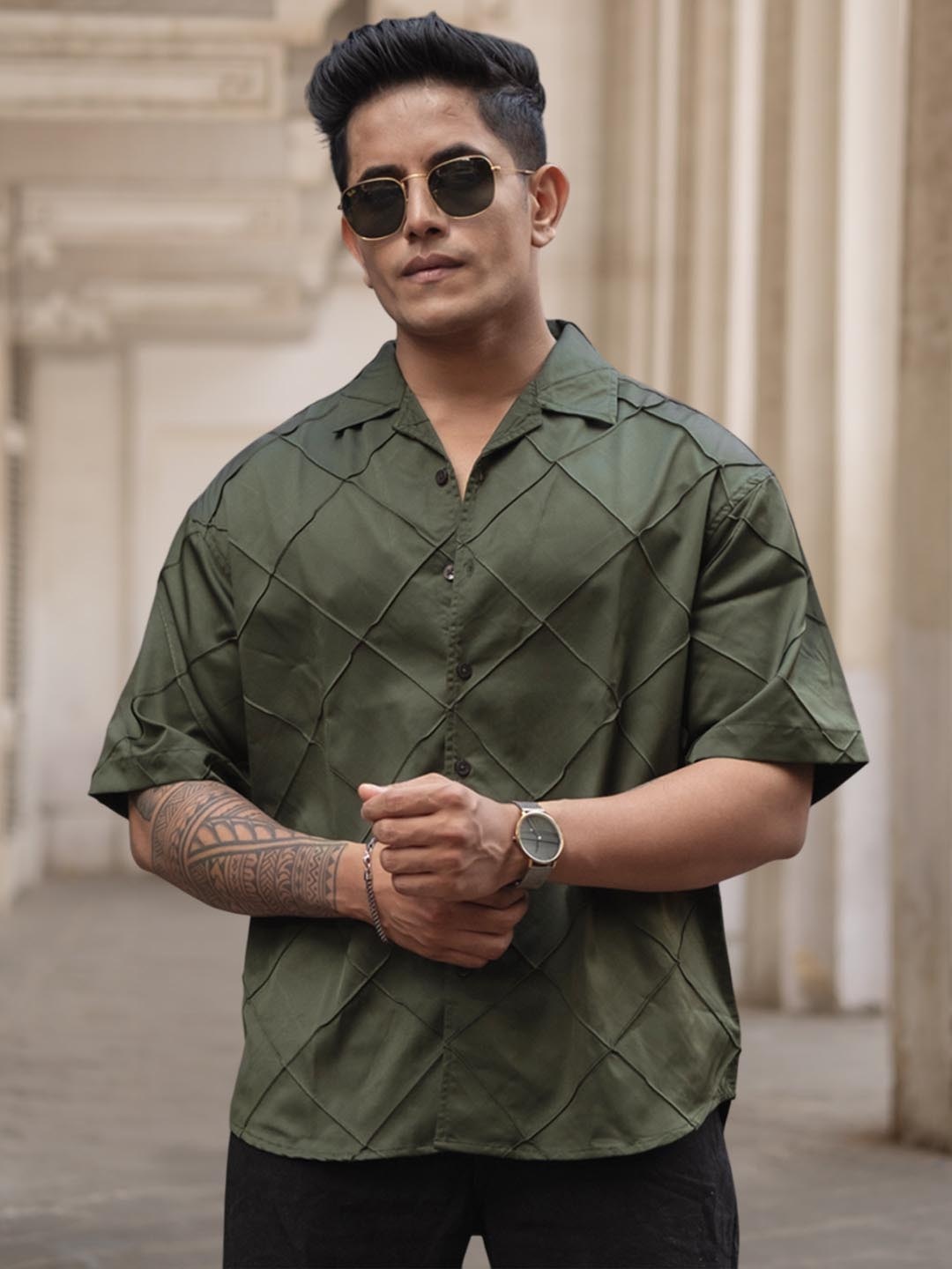 

Powerlook Men Oversized Fit Cuban Collar Textured Casual Shirt, Olive