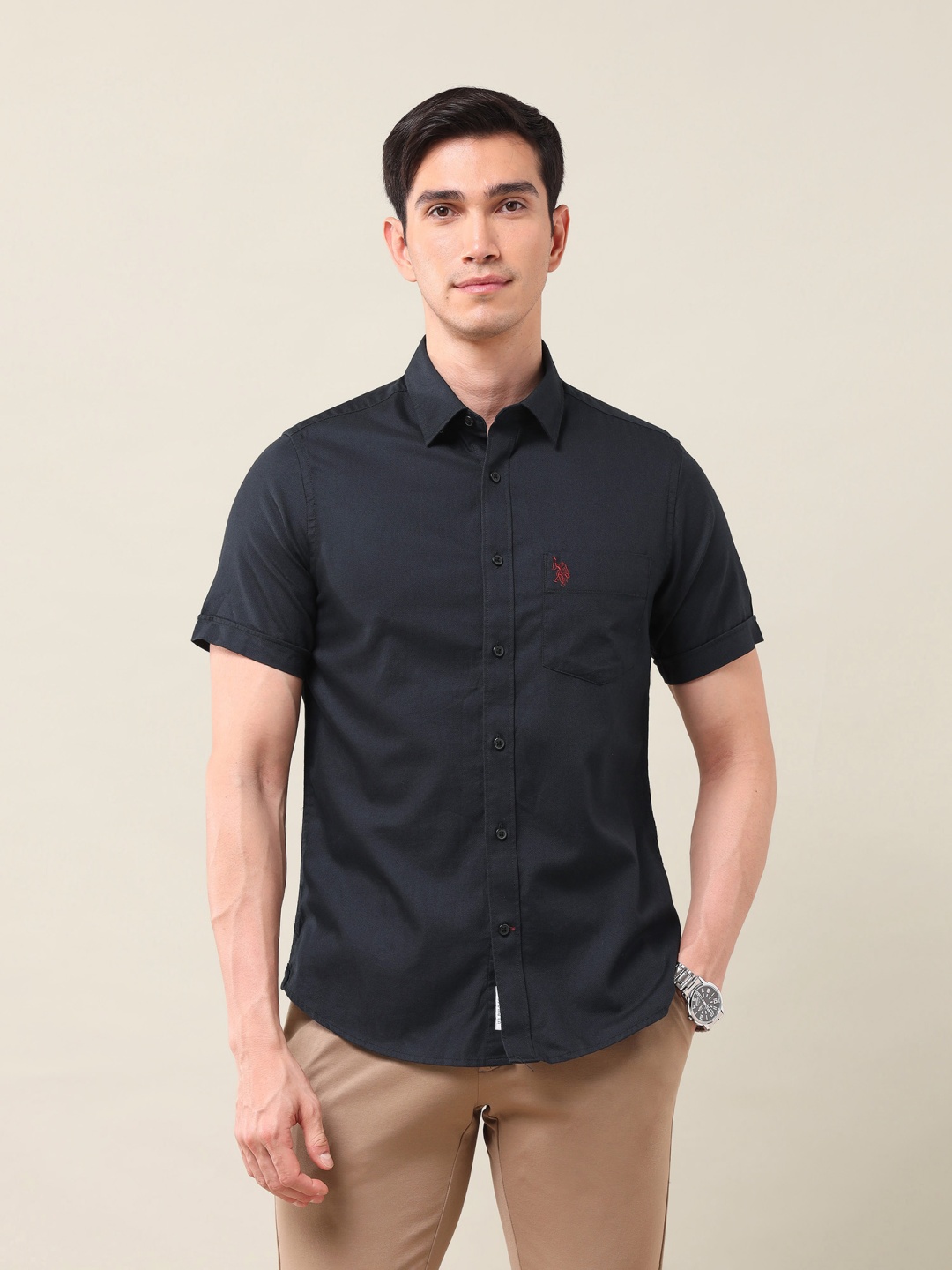 

U.S. Polo Assn. Men Classic Slim Fit Spread Collar Solid Cotton Casual Shirt, Black