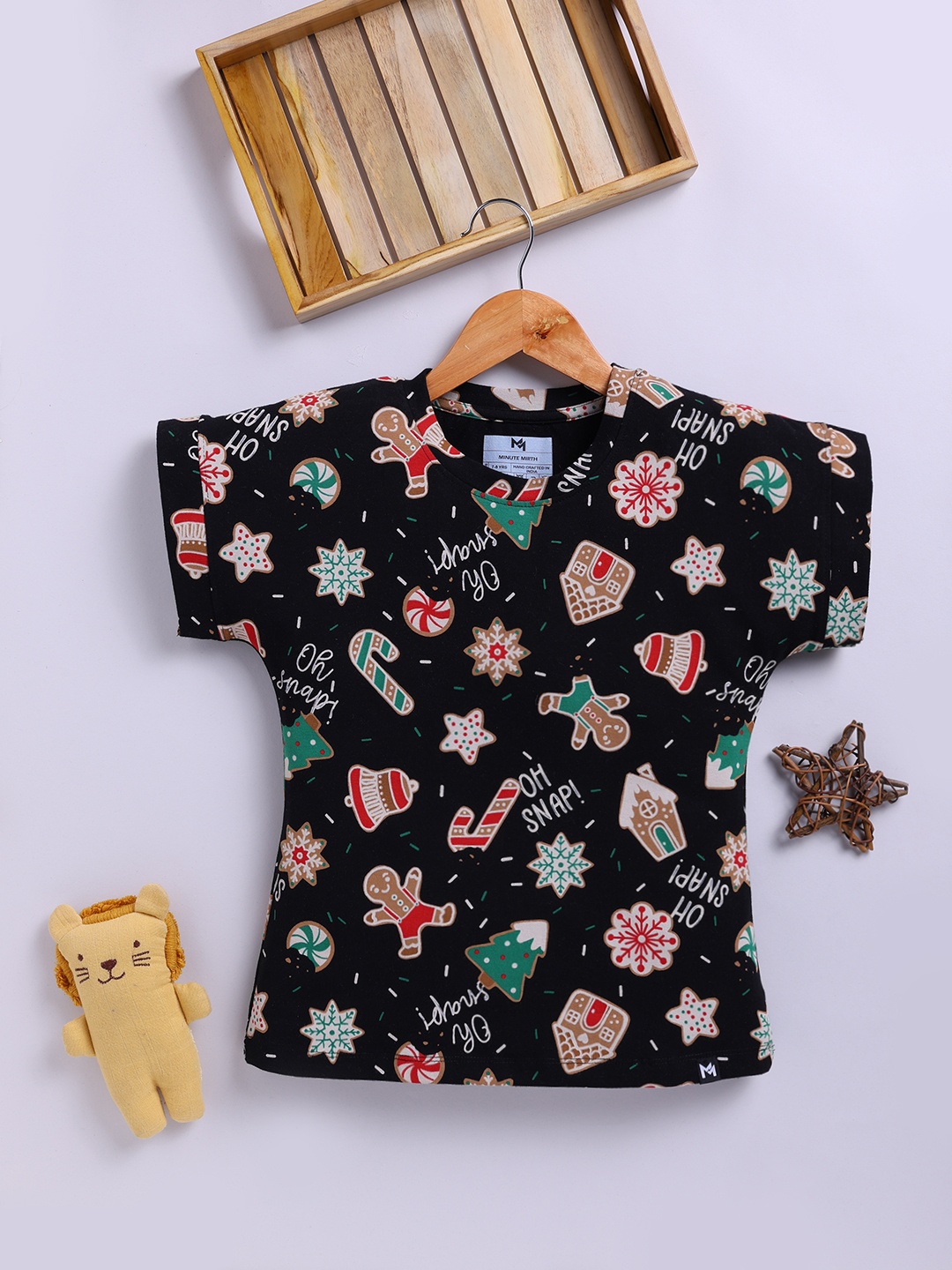 

YK X Minute Mirth Girls Print Extended Sleeves Cotton Top, Black