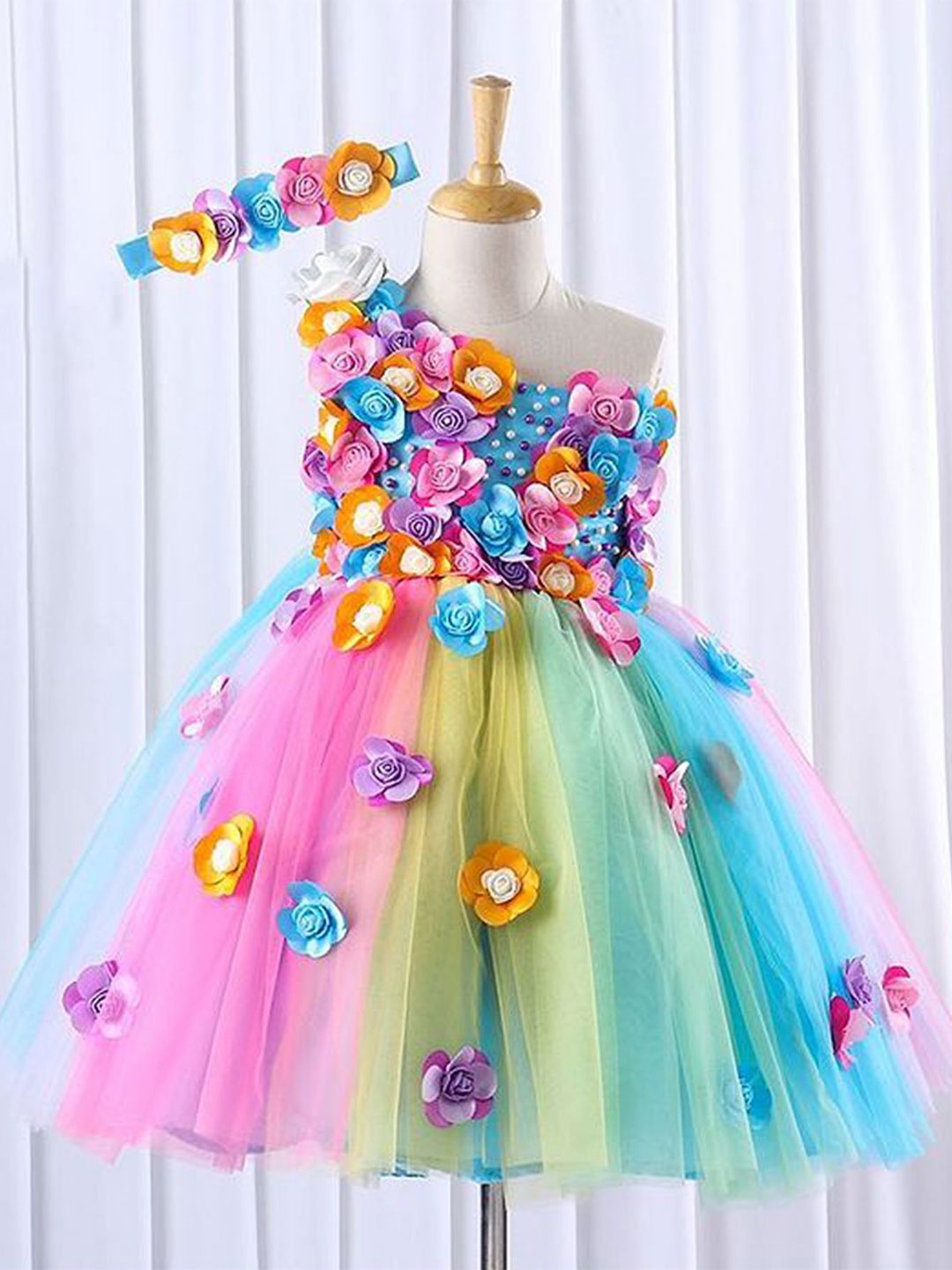 

Li & Li Boutique Girls One Shoulder Light Multi Color Flower Frock, Blue