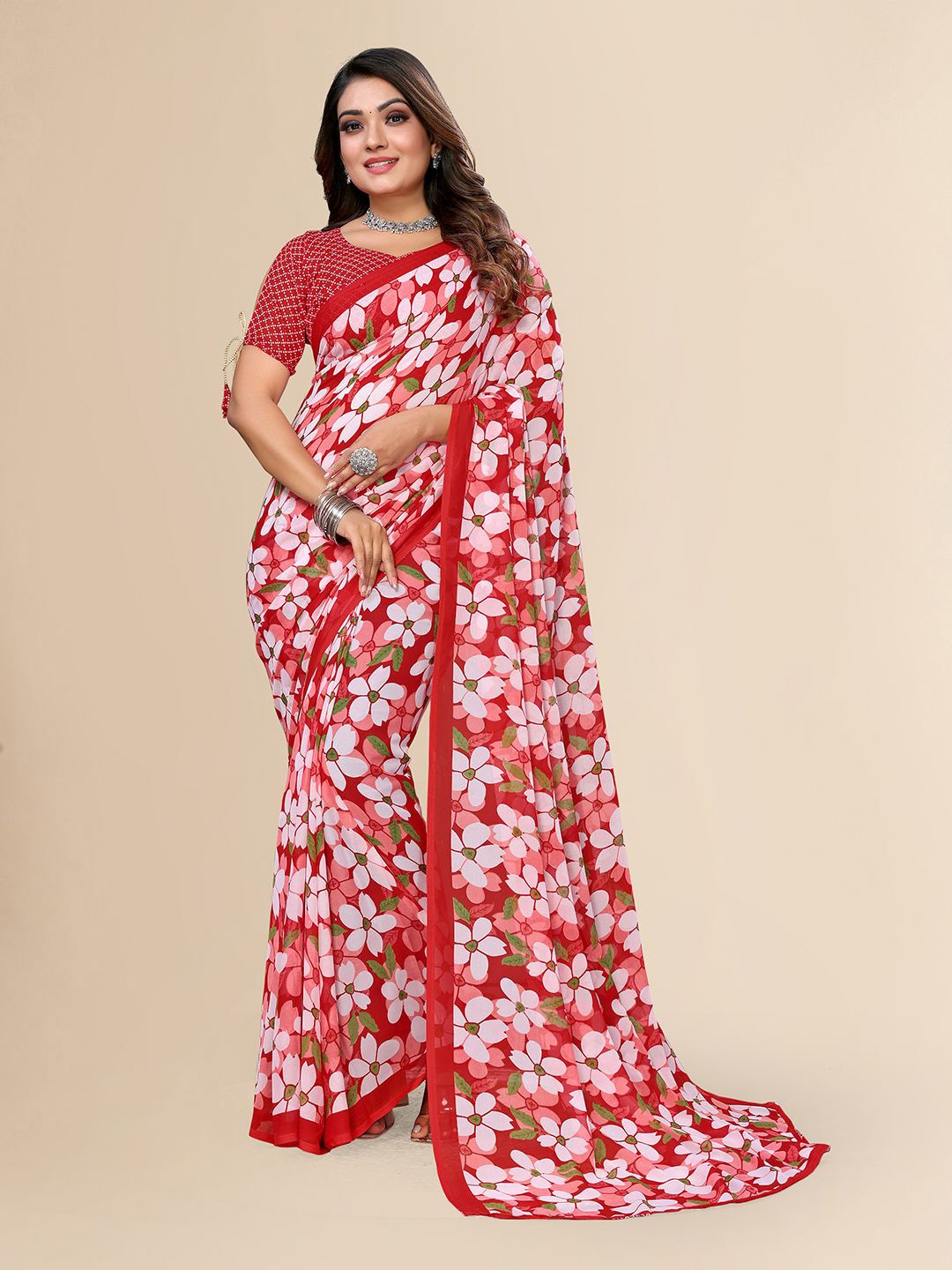 

Moda Rapido Floral Poly Georgette Saree, Red