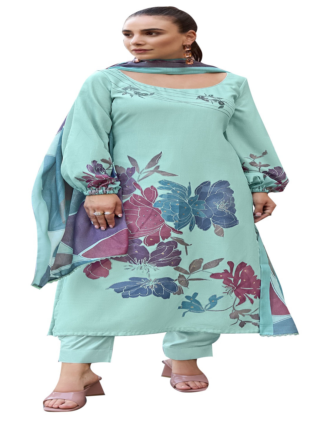 

DRAVINAM Trends Floral Printed Pashmina Unstitched Dress Material, Blue
