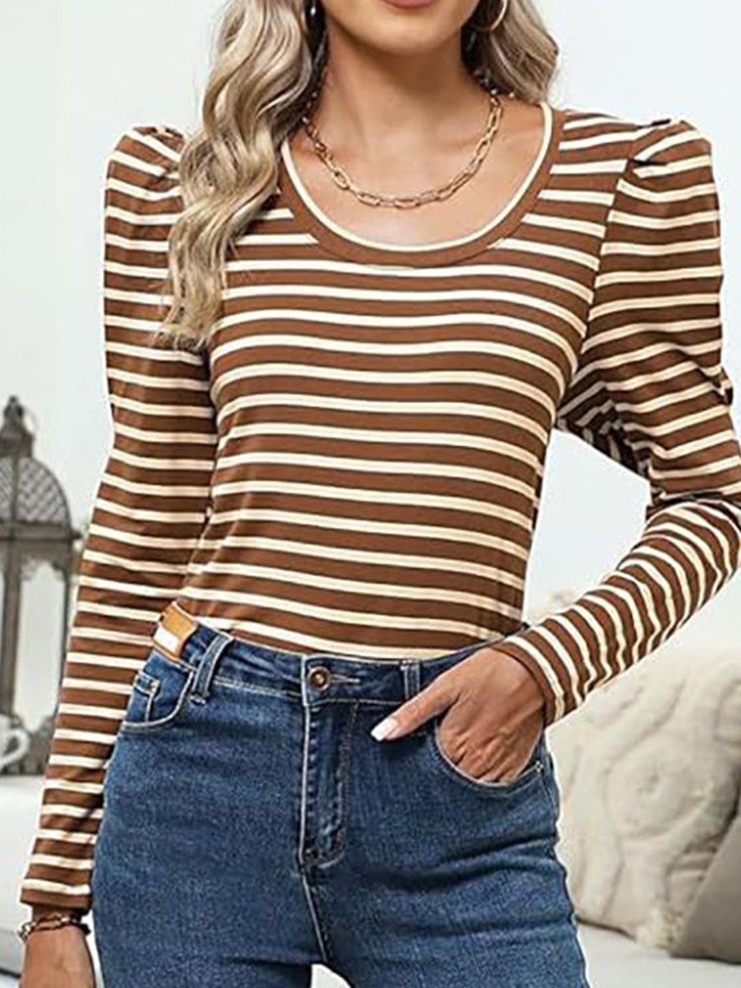 

StyleCast x Revolte Horizontal Striped Round Neck Puff Sleeves Regular Top, Brown