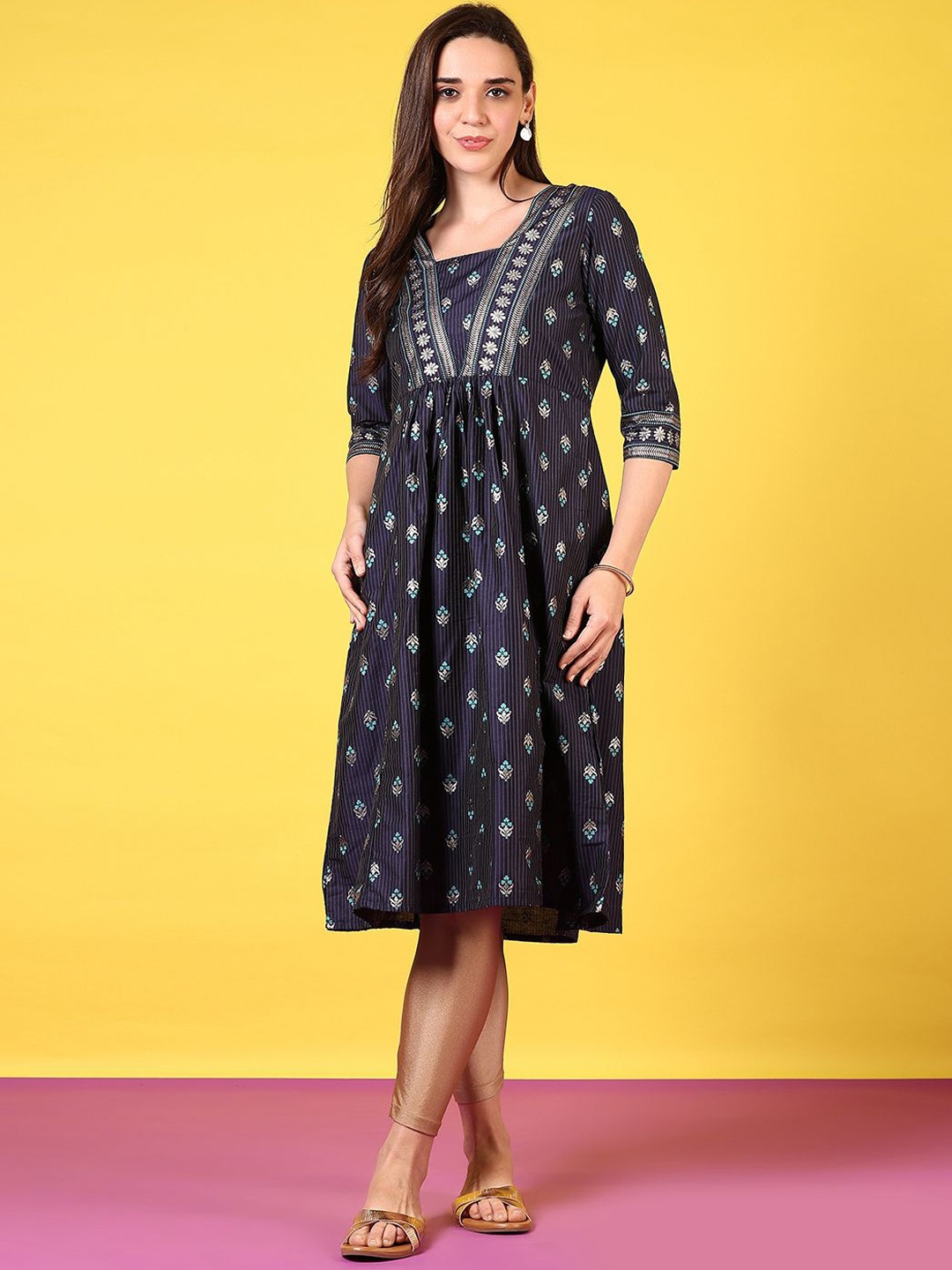 

V-Mart Floral Printed Pleated V-Neck Cotton A-Line Kurta, Navy blue