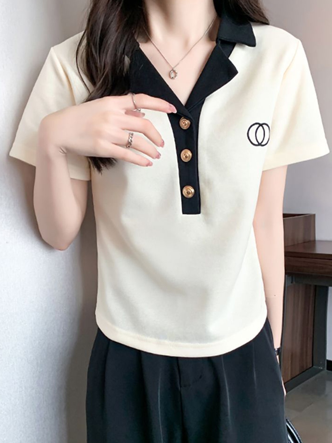 

StyleCast x Revolte Shirt Collar Regular Top, Beige