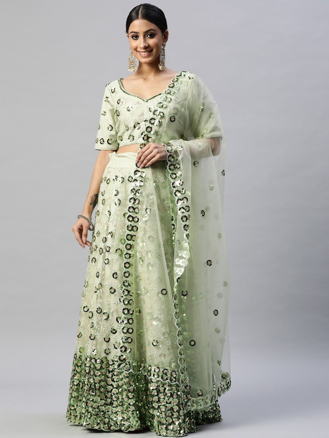 

Fusionic Embellished Sequinned Semi-Stitched Lehenga & Blouse With Dupatta, Green