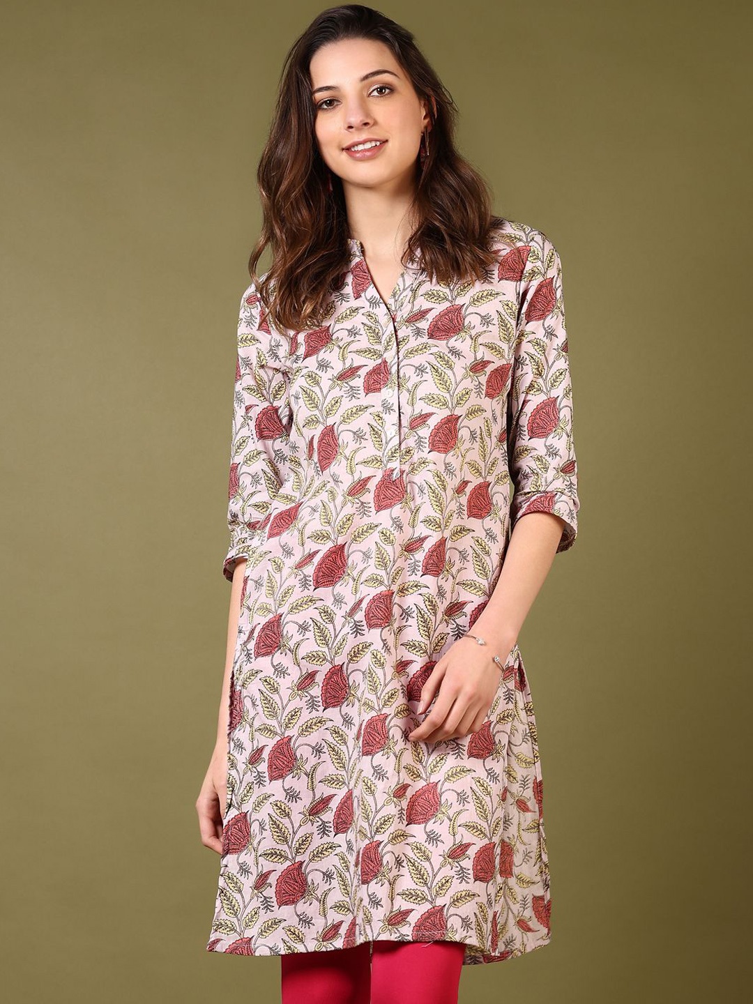 

V-Mart Floral Printed Mandarin Collar Straight Kurti, Lavender