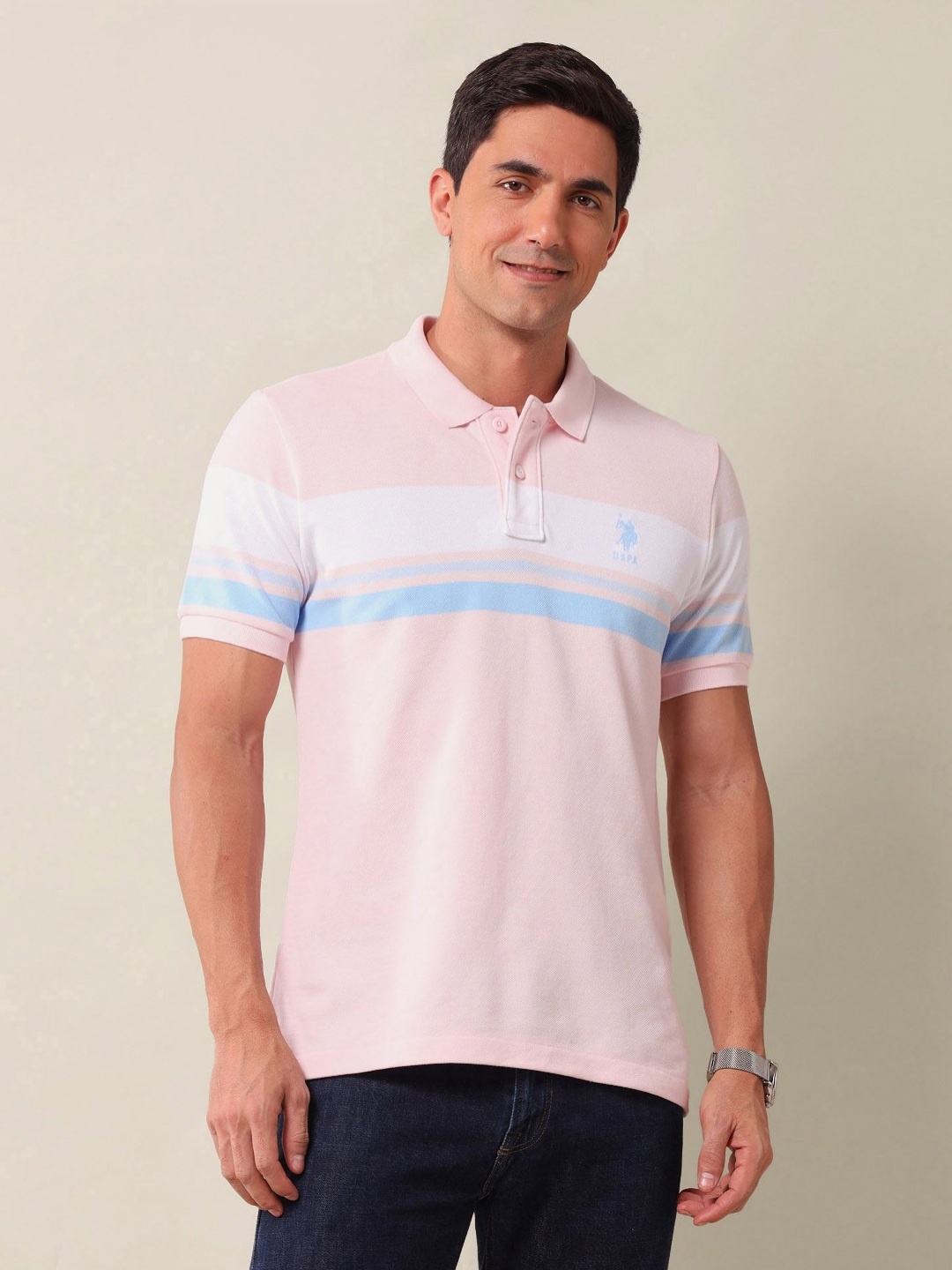 

U.S. Polo Assn. Men Striped Polo Collar Cotton Slim Fit T-shirt, Pink