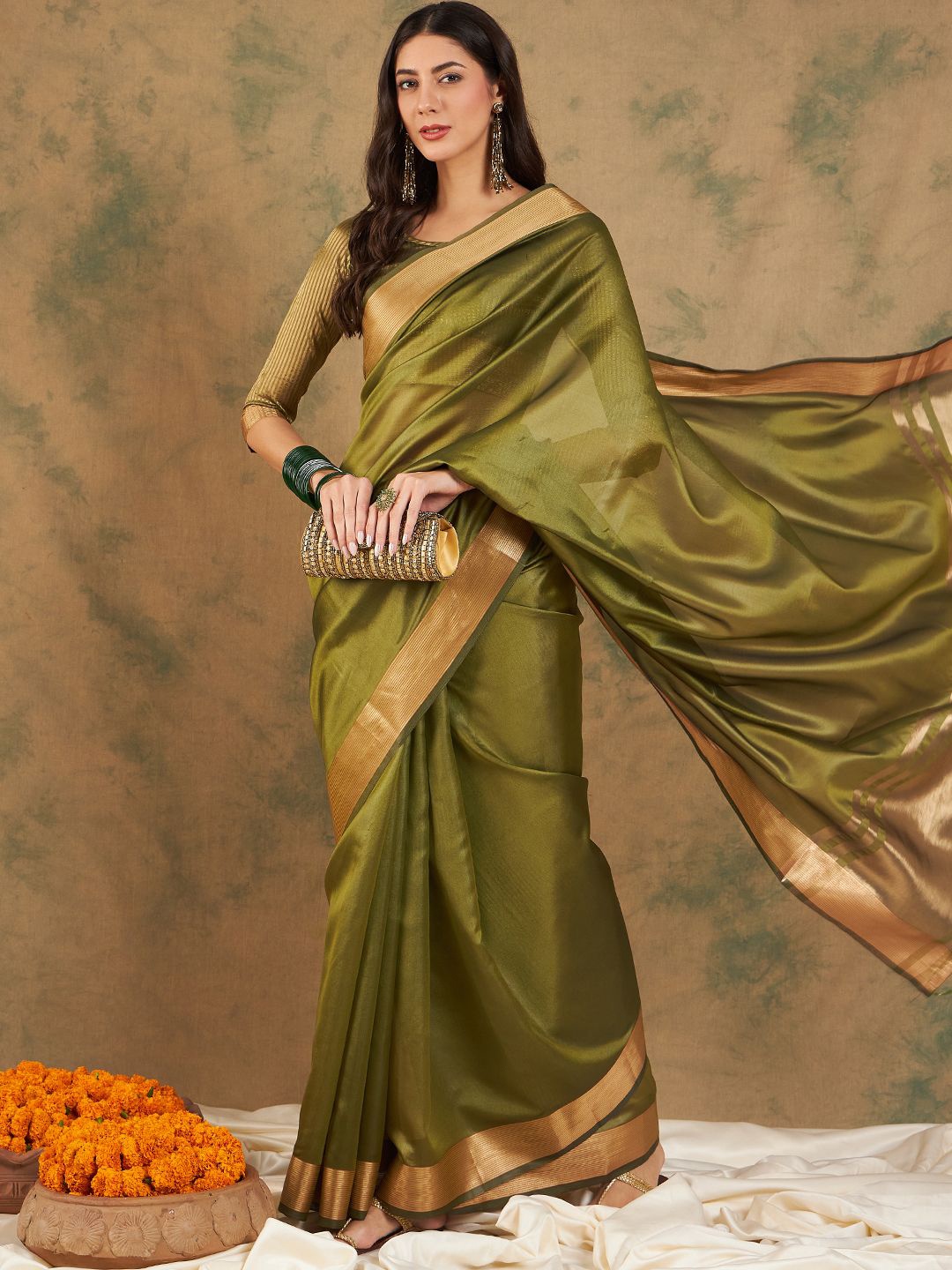 

DEVATITHI Zari Green Cotton Organza Saree