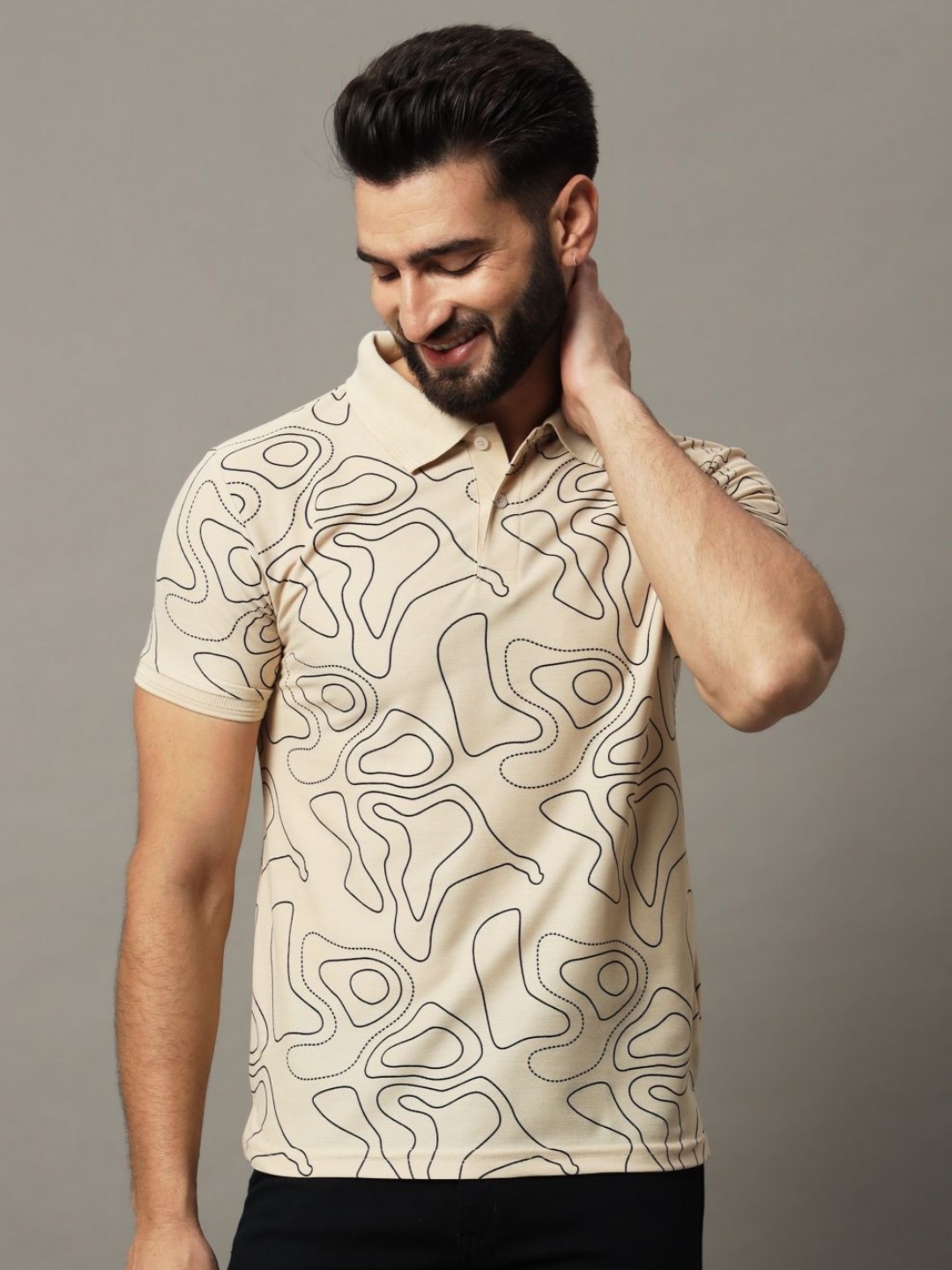 

HUSHBUCKS Men Printed Polo Collar Monochrome Raw Edge T-shirt, Cream