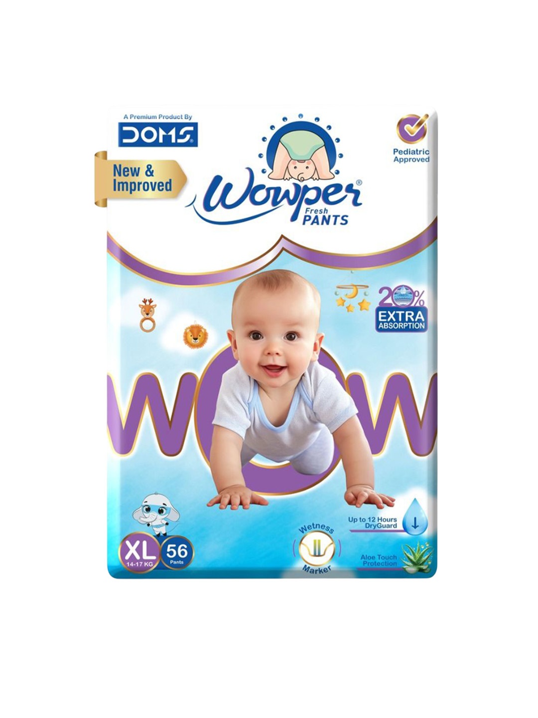 

Wowper Baby 12Hrs Absorption Pant Style Diaper With 3D Diamond Cross Core - XL- 56-Pcs, White