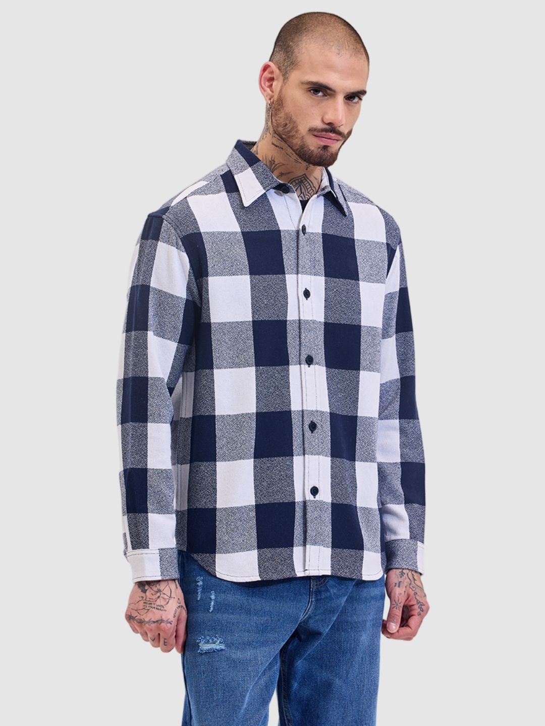 

Snitch Men Classic Relaxed Fit Spread Collar Checked Cotton Casual Shirt, Navy blue