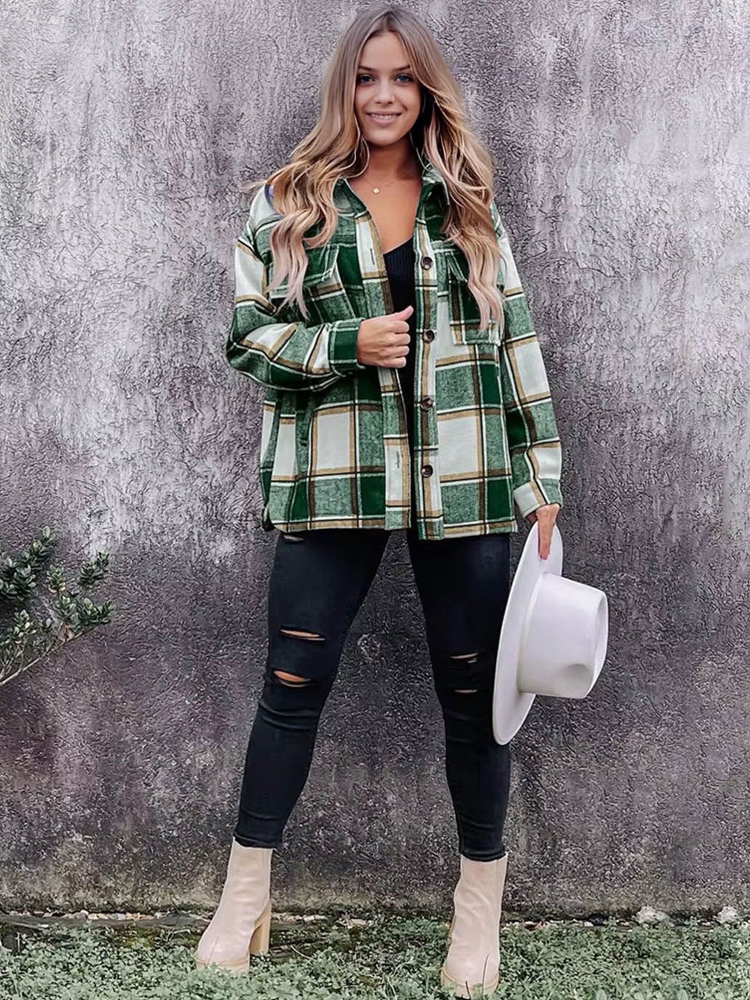 

StyleCast Women Relaxed Fit Spread Collar Tartan Checked Casual Shirt, Green