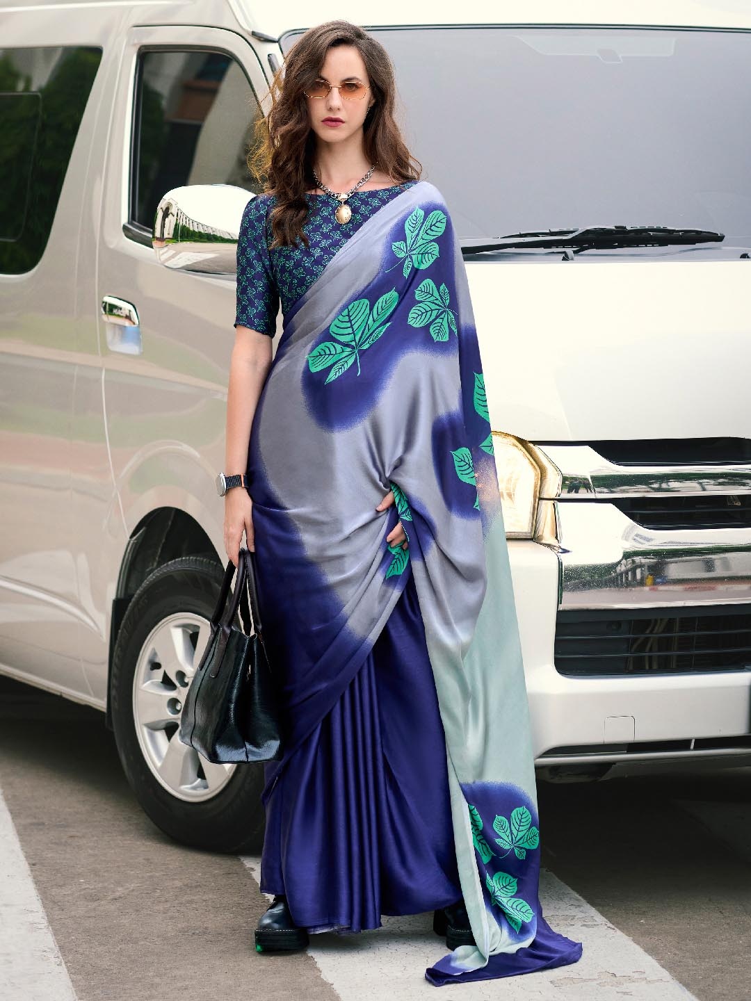 

Panzora Floral Printed Satin Saree With Unstitched Blouse Piece, Blue