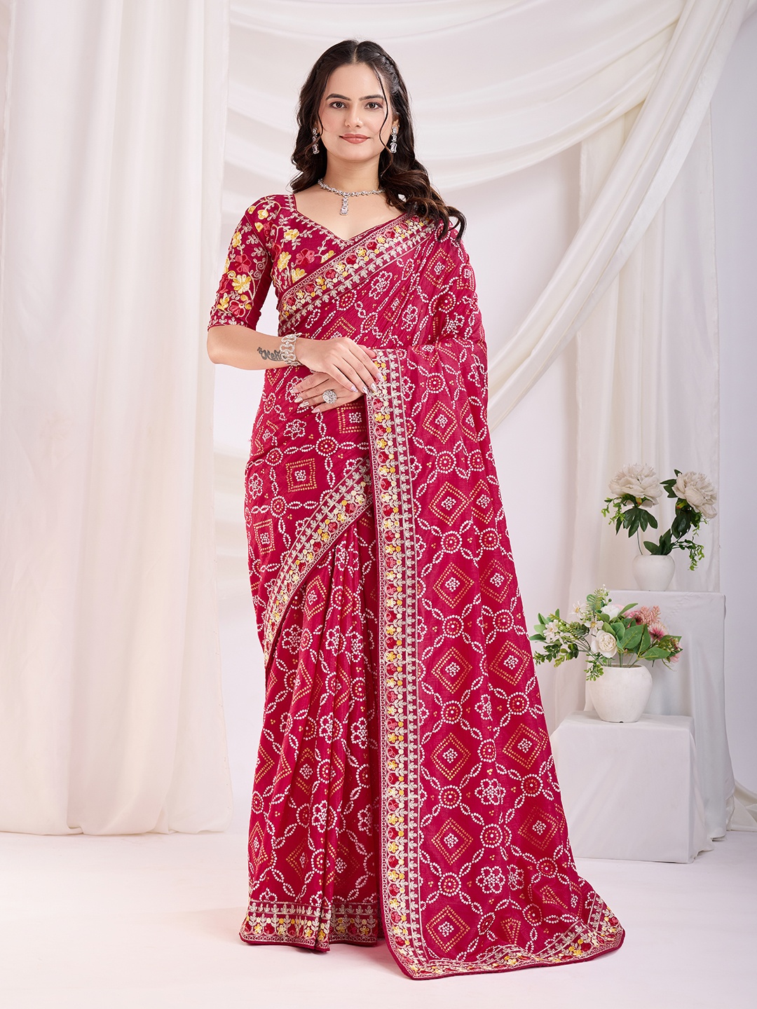 

HERE&NOW Embroidered Designer Bandhani Saree, Pink