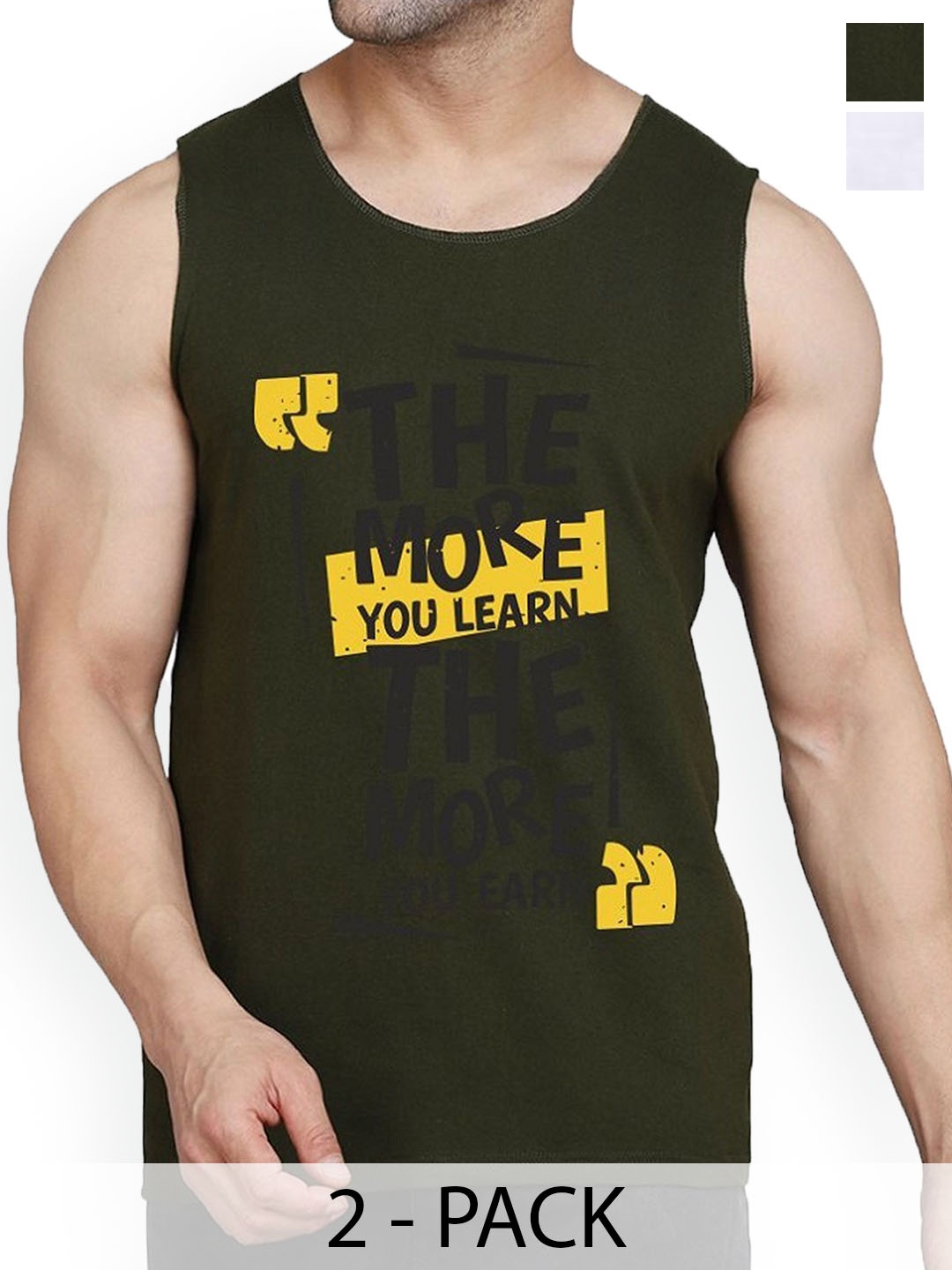 

Woostro Men Pack Of 2 Printed Pure Combed Cotton Gym Vests, Olive