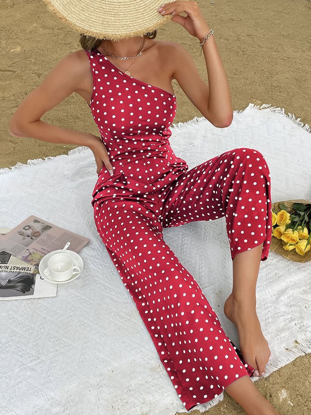 

StyleCast Women Polka Dots One Shoulder Basic Jumpsuit, Red