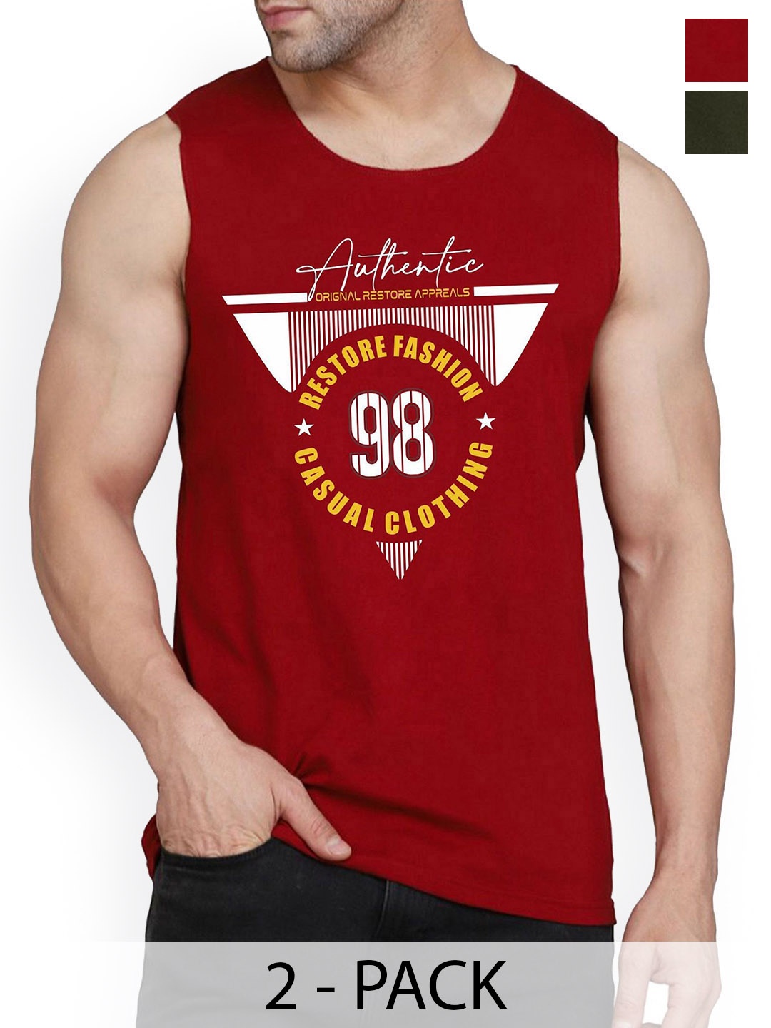 

WOOSTRO Men Pack Of 2 Printed Combed Cotton Gym Vest, Maroon