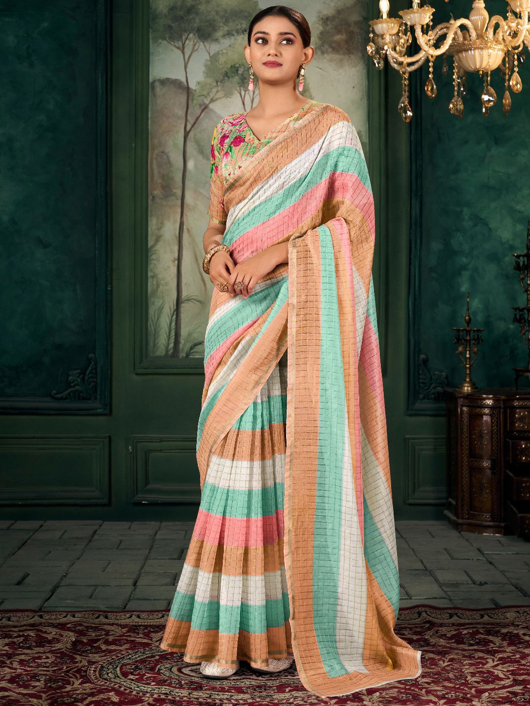 

Panzora Checked Striped Chanderi Saree, Orange