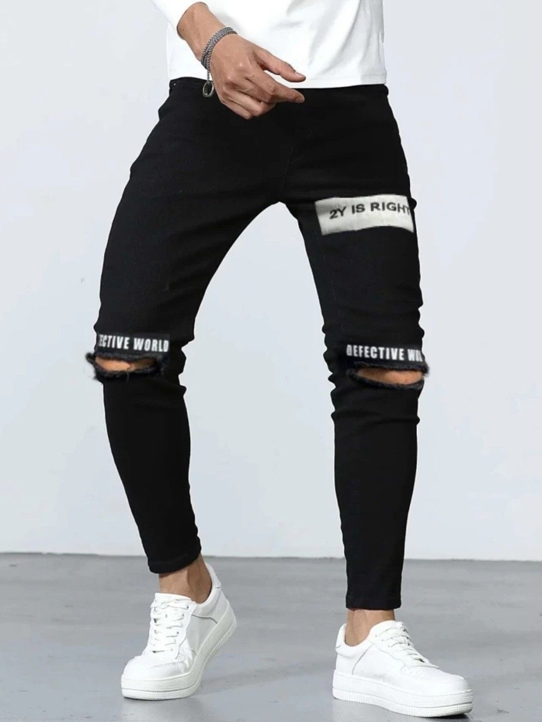

Star4Well Men Narrow Slim Fit Slash Knee Jeans, Black