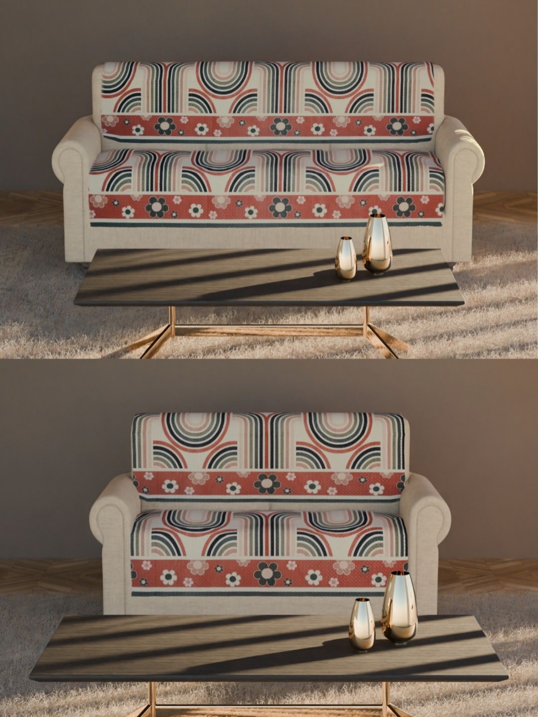 

Fashion Throw Beige & Green 4 Pieces 5-Seater Floral Printed Velvet Sofa Covers