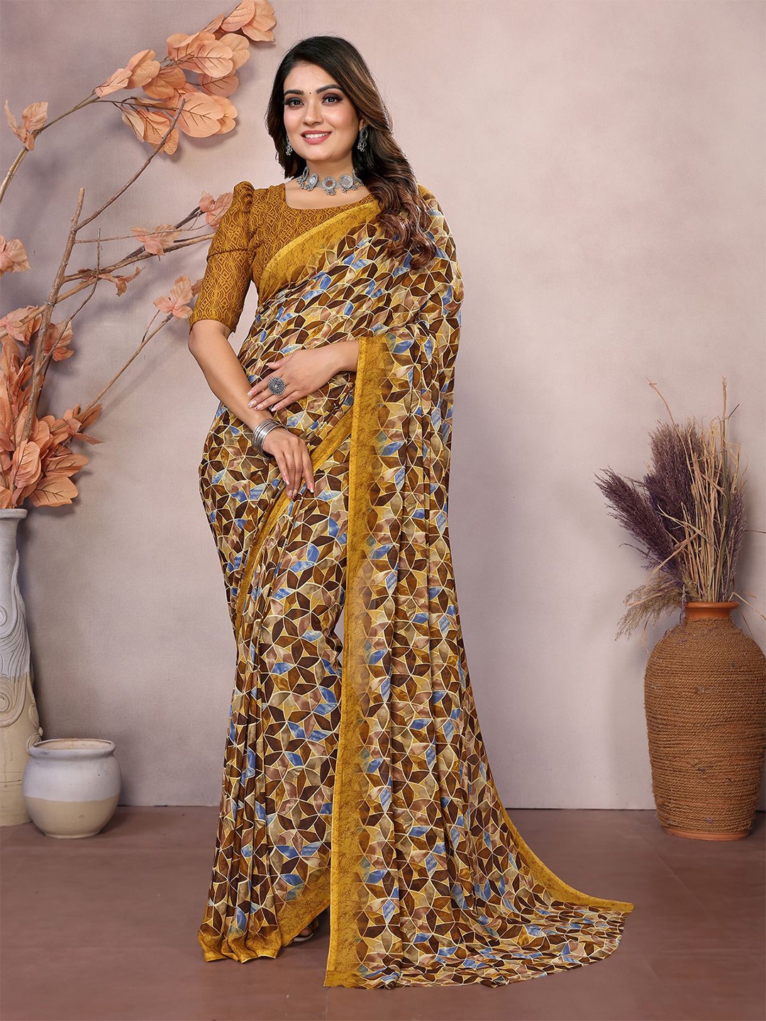

Moda Rapido Geometric Printed Saree With Blouse Piece, Yellow