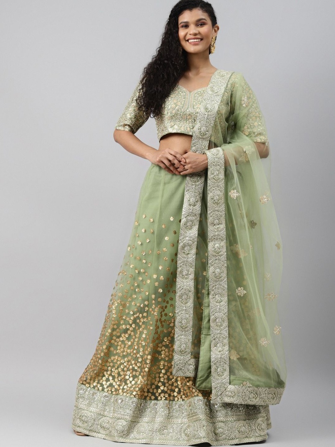 

Fusionic Embellished Sequinned Semi-Stitched Lehenga & Blouse With Dupatta, Green