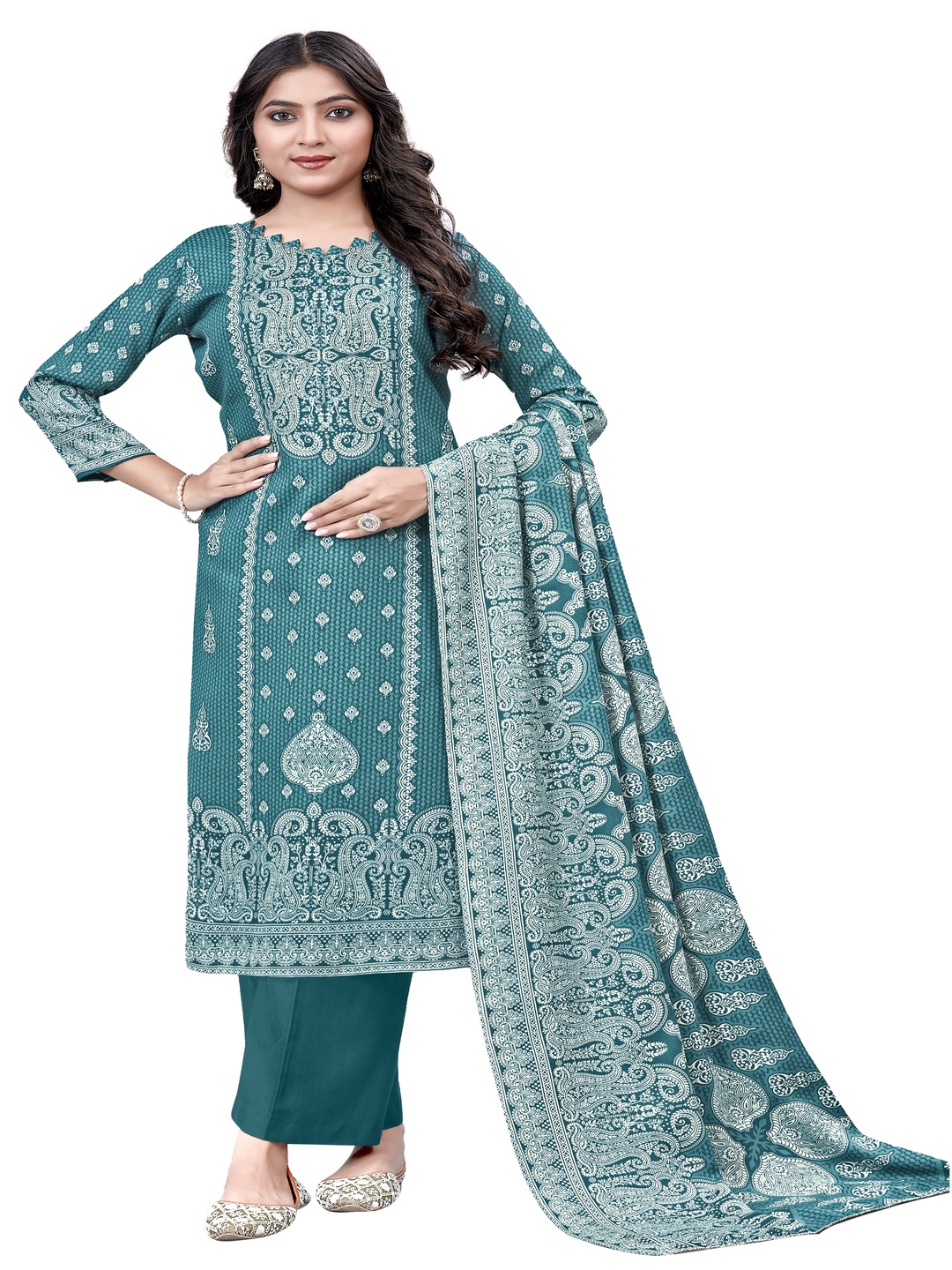 

DRAVINAM Trends Ethnic Motifs Printed Pashmina Unstitched Dress Material, Green
