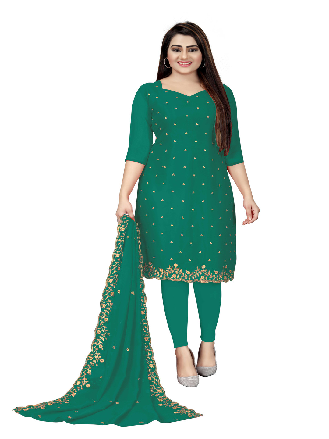 

HERE&NOW Embellished Silk Georgette Unstitched Dress Material, Green