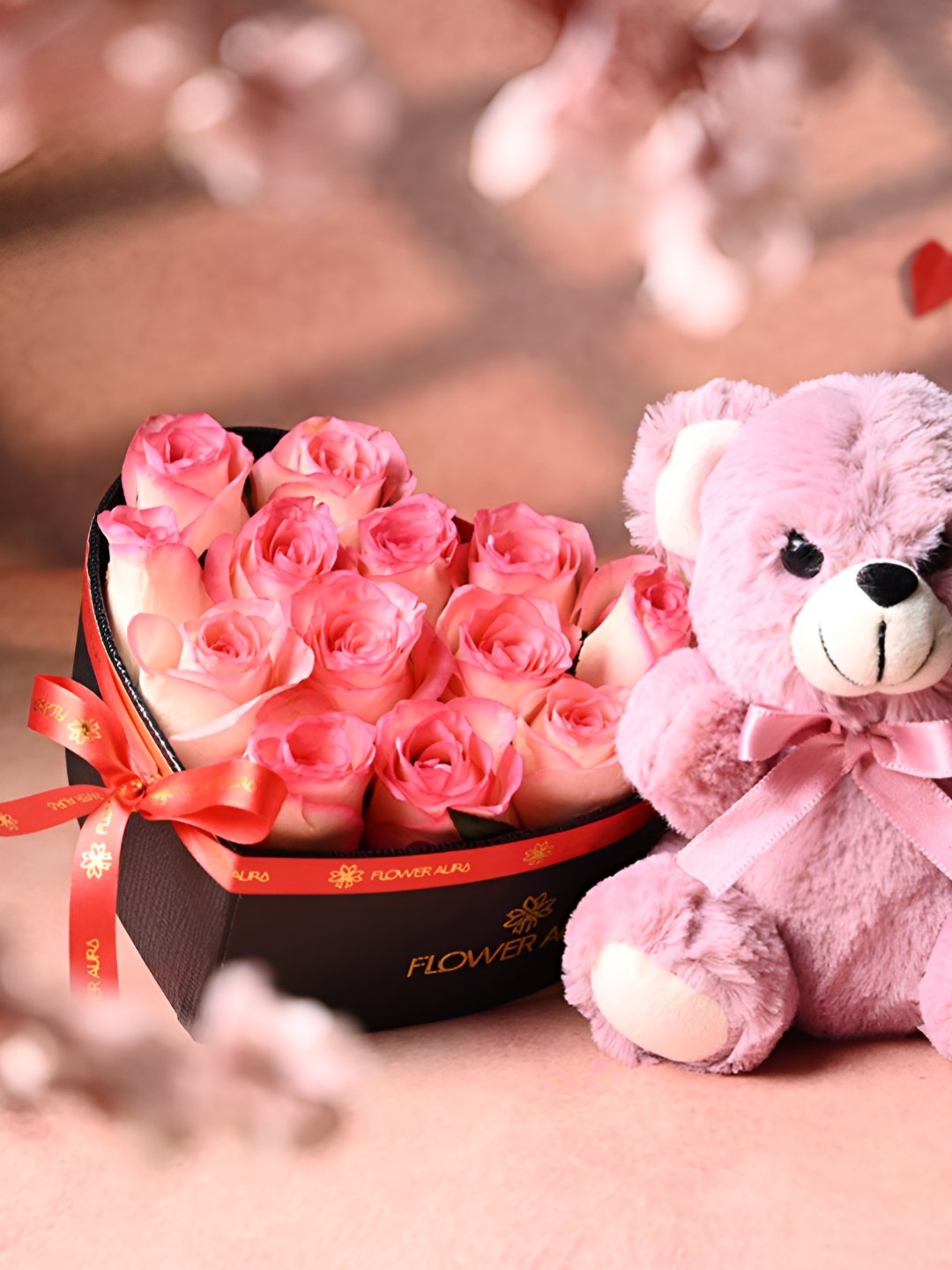 

Floweraura Pink 13 Pieces Roses Fresh Flowers Bouquet With Teddy
