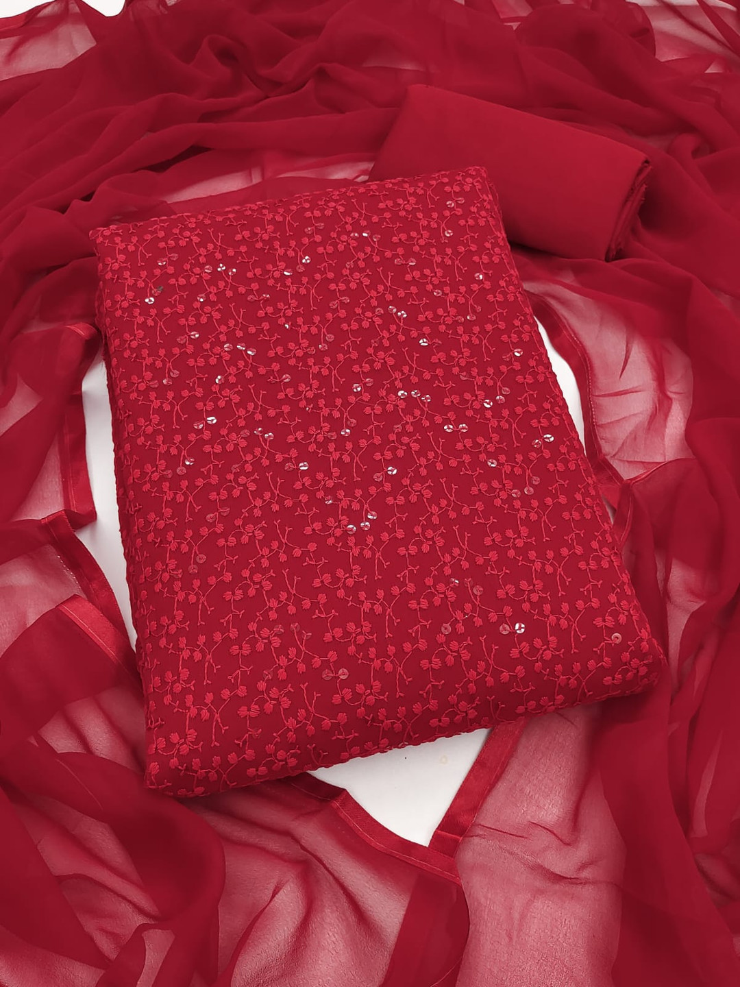 

SWARNGANGA TEX Floral Embroidered Sequunied Unstitched Georgette Dress Material, Red