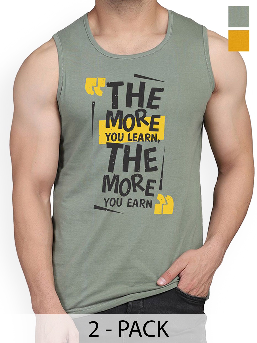 

Woostro Pack Of 2 Printed Cotton Gym Vests RS26 CMB (HARD MUSTARD) (MORE LGTGREEN)