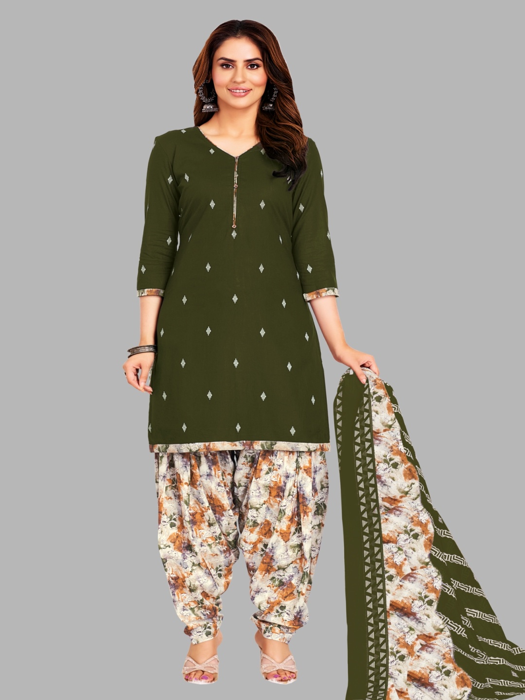

shree jeenmata collection Ethnic Motifs Printed Pure Cotton Unstitched Dress Material, Green