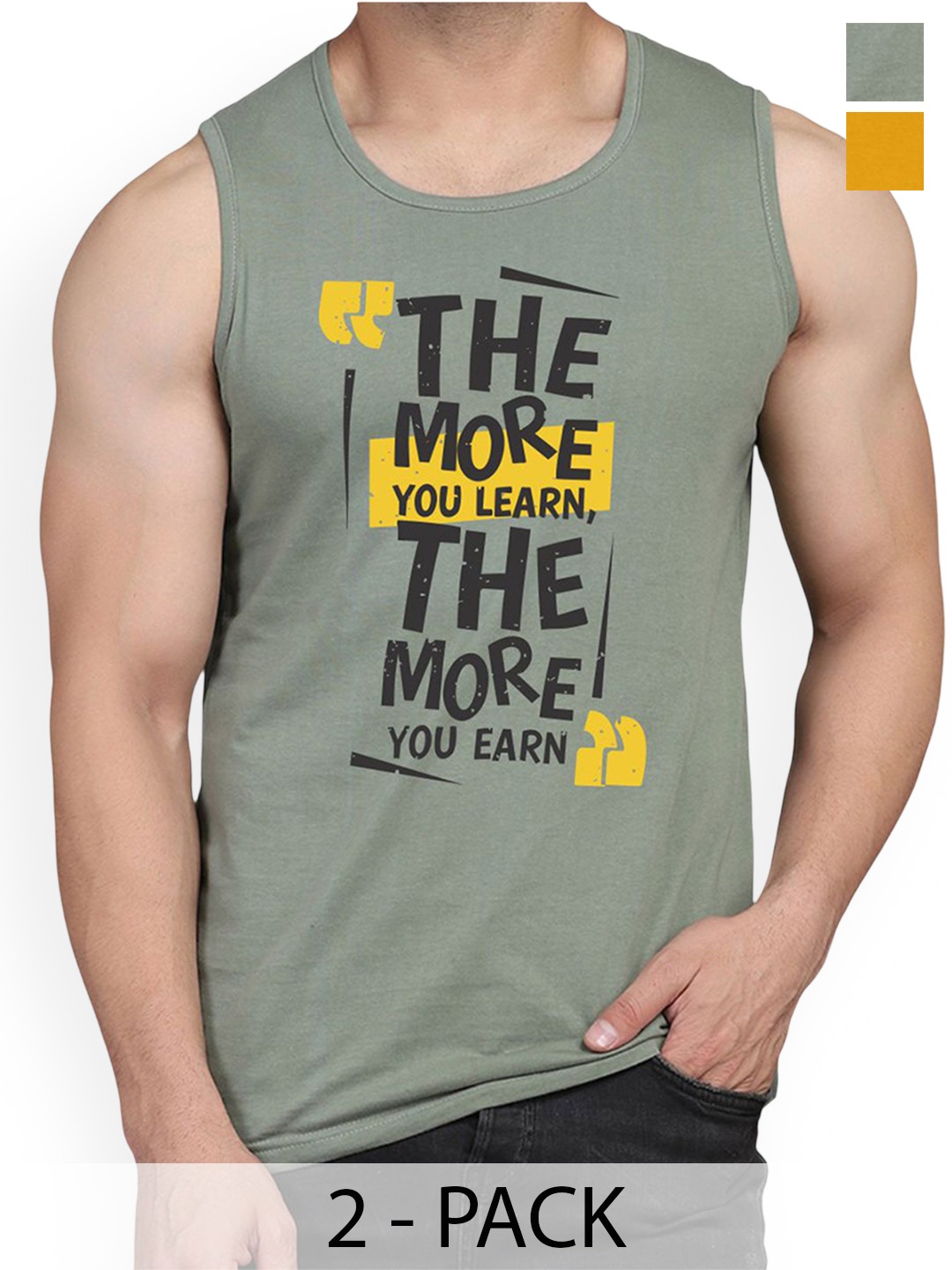 

WOOSTRO Men Pack Of 2 Printed Combed Cotton Gym Vest, Mustard