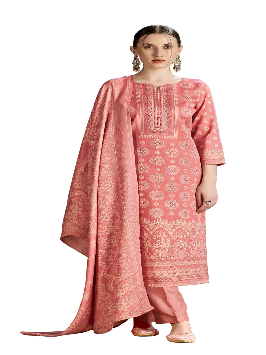 

DRAVINAM Trends Floral Printed Pashmina Unstitched Dress Material, Pink