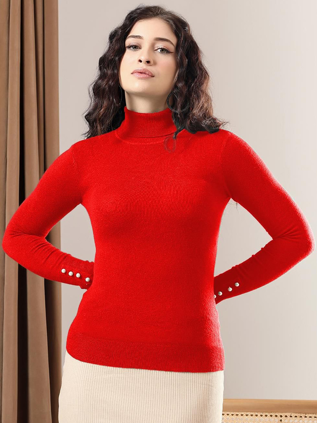 

Kotty Women High Neck Long Sleeves Pullover, Red