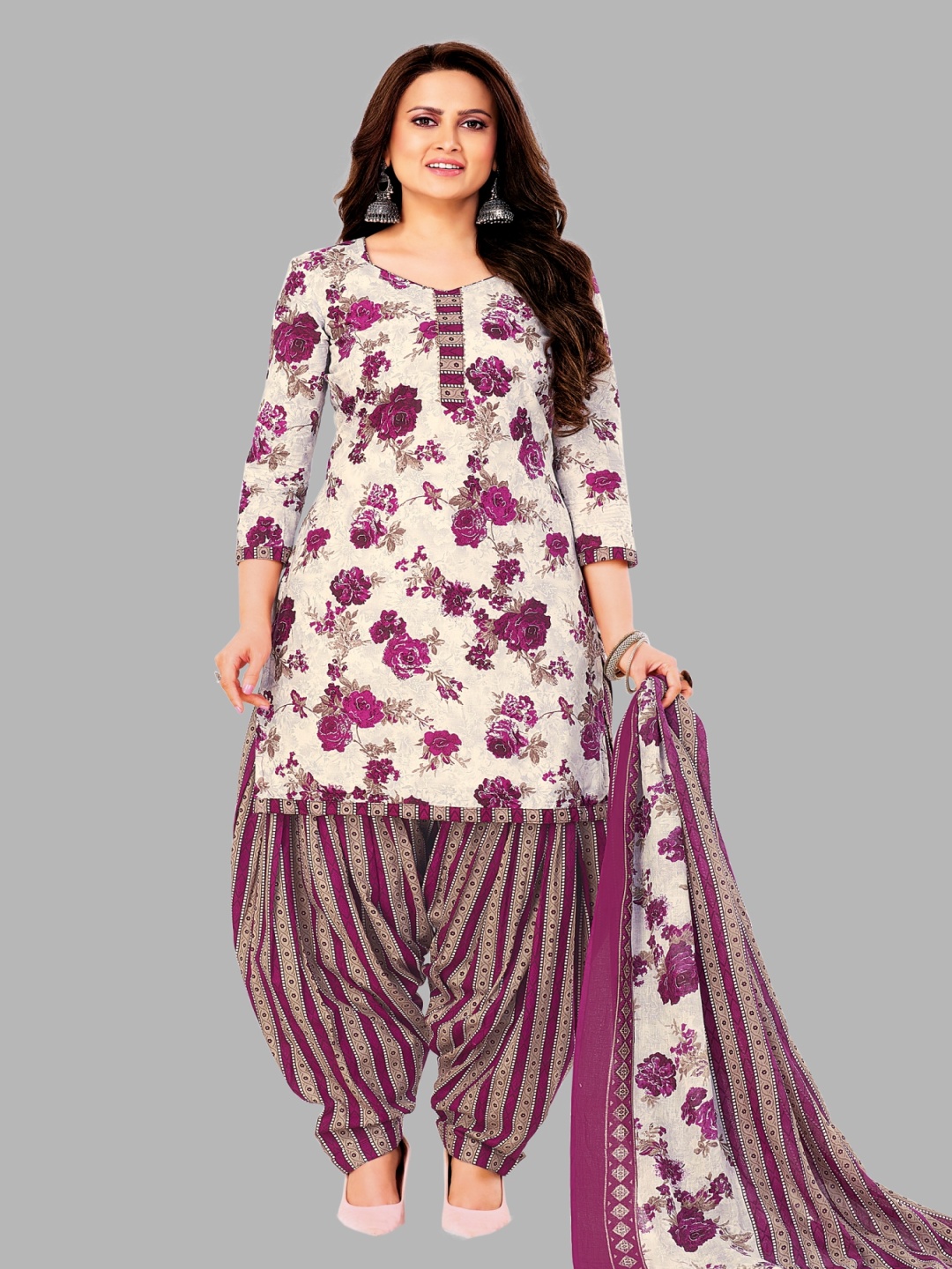 

Simmu Floral Printed Pure Cotton Unstitched Dress Material, Purple